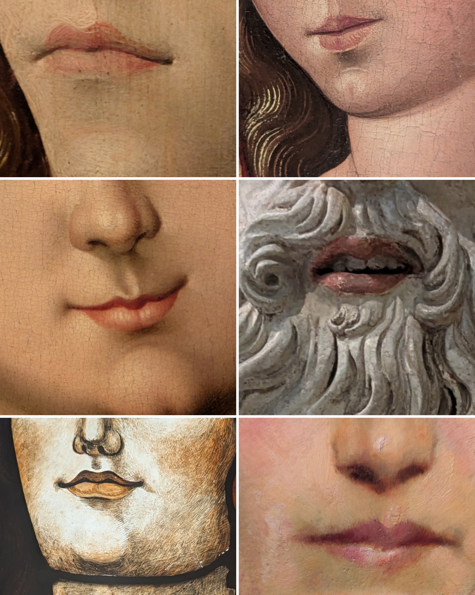 Dieser Alternativtext wurde KI-generiert: Schwarz-Weiß-Collage aus Detailaufnahmen von Lippen und Nasen. Die Bilder zeigen unterschiedliche Gesichter und Texturen, die an Gemälde erinnern.