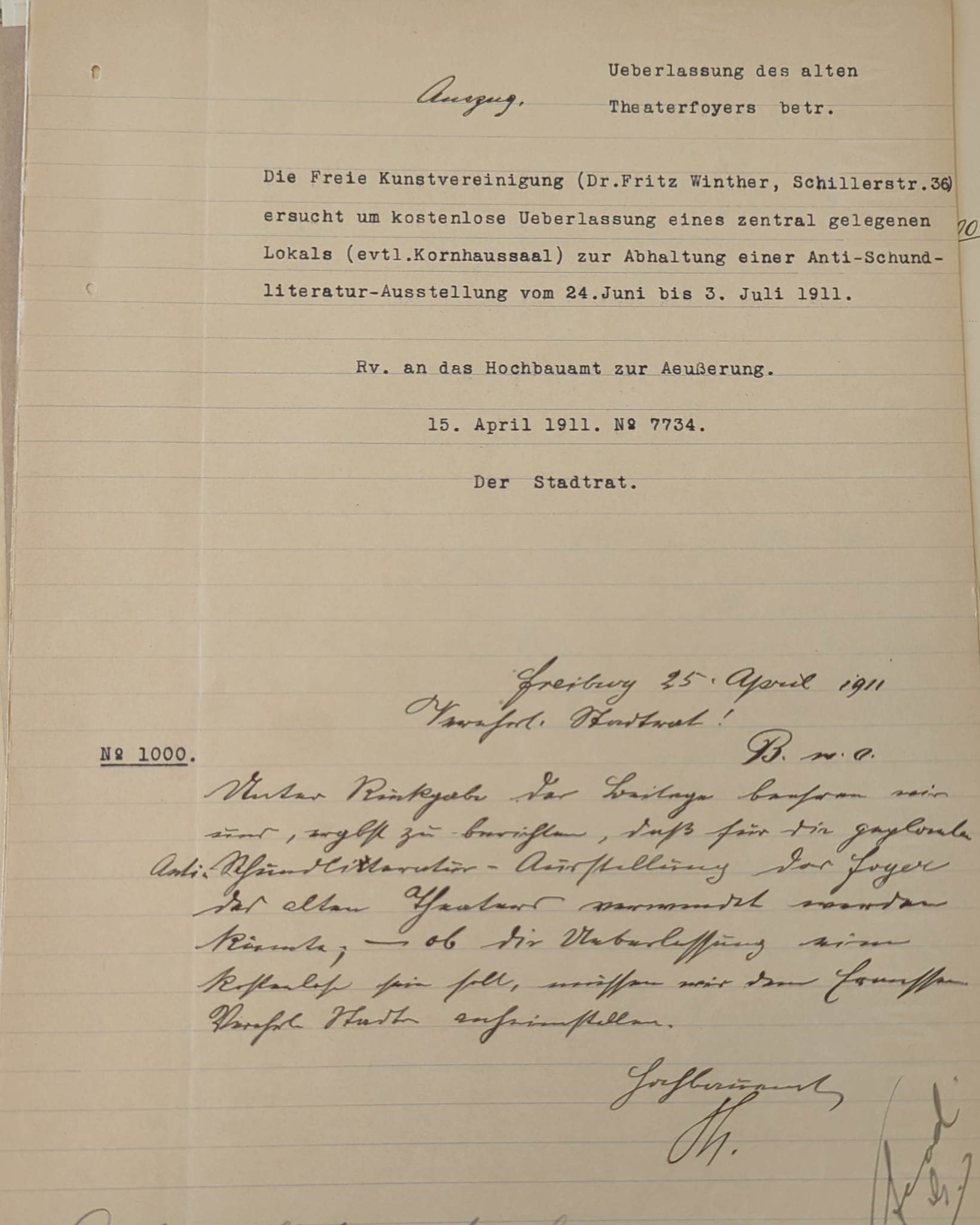 Dieser Alternativtext wurde KI-generiert: Schwarz-weißes Bild einer handschriftlichen Seite mit Text in deutscher Sprache. Es scheint ein formelles Dokument oder Brief zu sein, mit Unterschriften am unteren Rand.