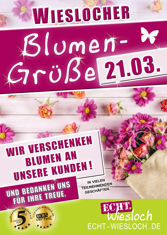 Dieser Alternativtext wurde KI-generiert: Ein farbenfrohes Werbeplakat mit Blumenmotiven und Text in Pink und Grün. Es bewirbt eine Blumengabe an Kunden als Dankeschön für die Treue.
