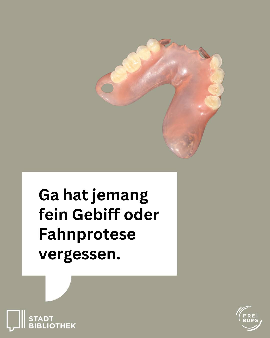 Dieser Alternativtext wurde KI-generiert: Ein Schwarz-Weiß-Bild zeigt ein zahnähnliches Objekt und darunter einen Text in einem Sprechblasenformat. Unten befinden sich Logos und Schriftzüge.