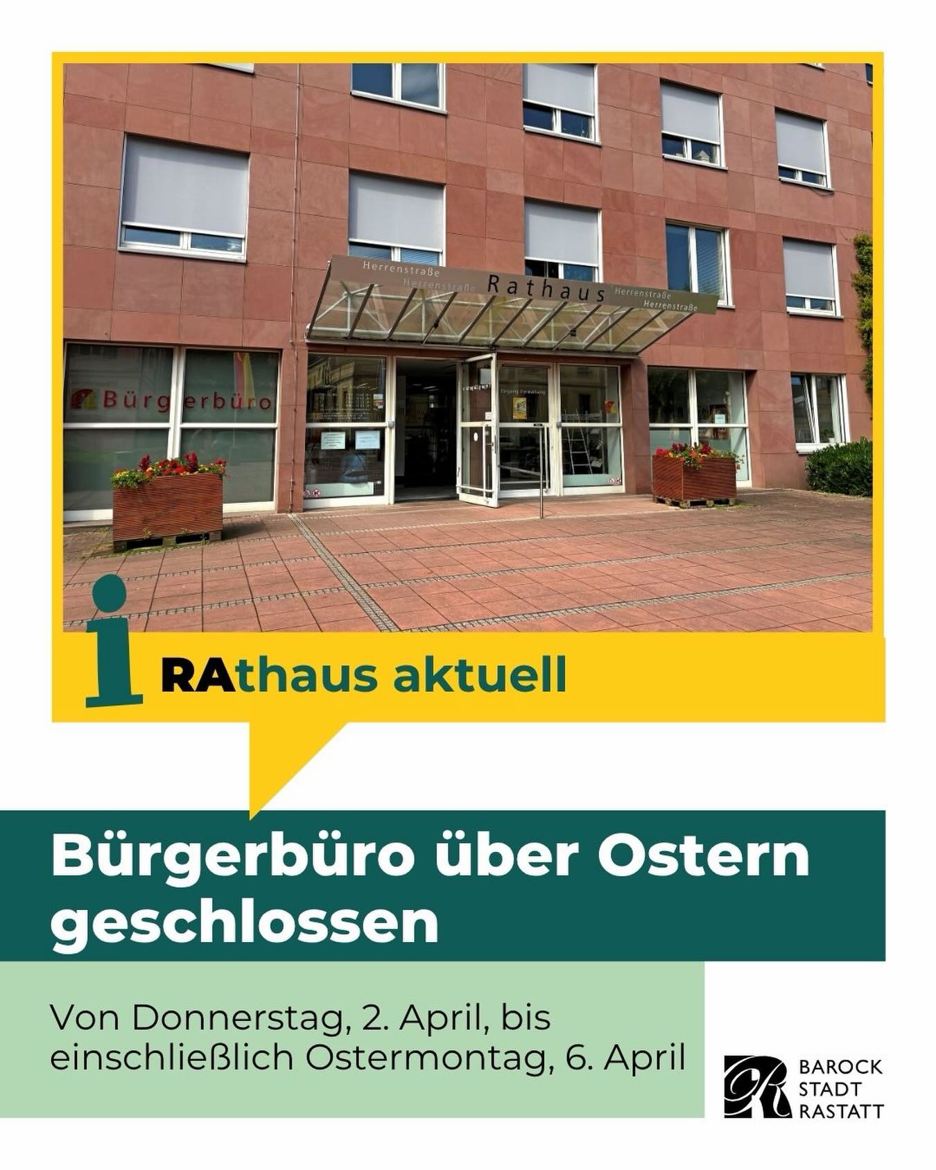 Dieser Alternativtext wurde KI-generiert: Ein farbiges Bild zeigt die Fassade eines Gebäudes mit großen Fenstern und einem Eingangsbereich. Darunter befindet sich eine Ankündigung über geänderte Öffnungszeiten eines Bürgerbüros.