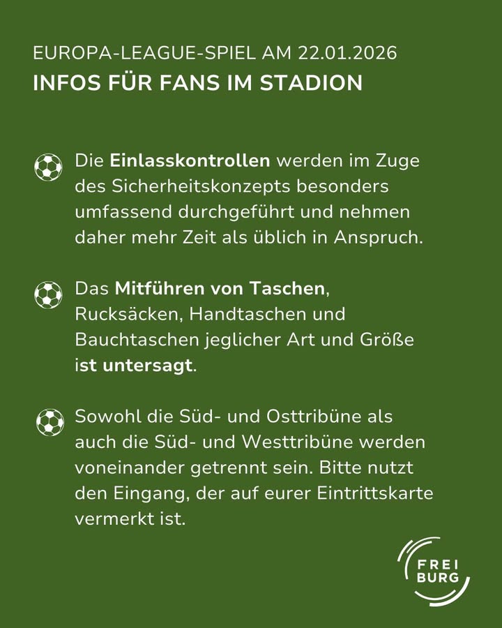 Dieser Alternativtext wurde KI-generiert: Ein grüner Hintergrund mit weißem Text informiert über Hinweise für Stadionbesucher zu einem Europa-League-Spiel. Es werden Hinweise zu Sicherheitskontrollen und den eingeschränkten Gegenständen gegeben.