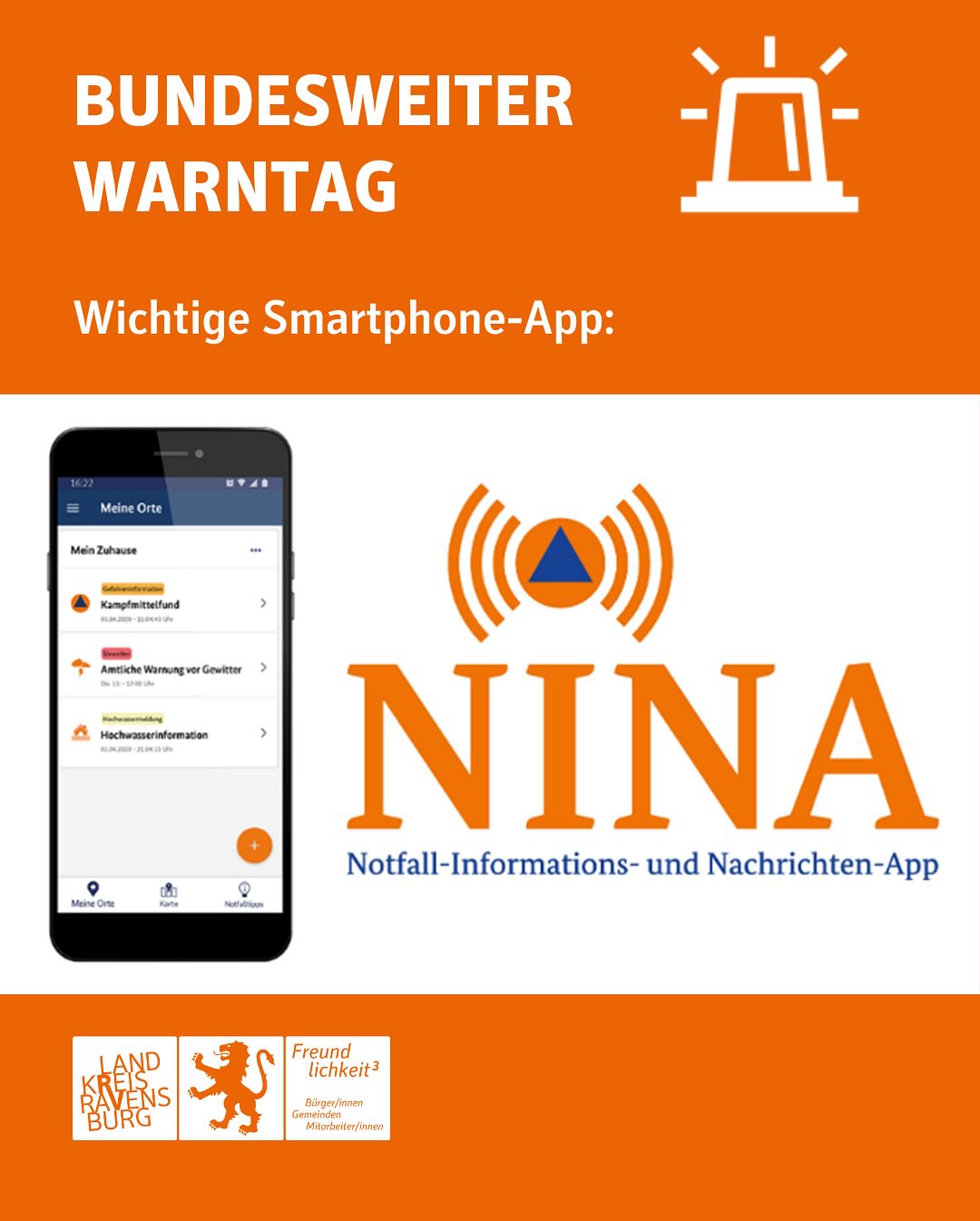 Dieser Alternativtext wurde KI-generiert: Ein Smartphone-Bildschirm zeigt eine App mit dem Namen NINA für Notfallinformationen und Warnungen. Darüber und darunter sind Logos und Texte zu finden.