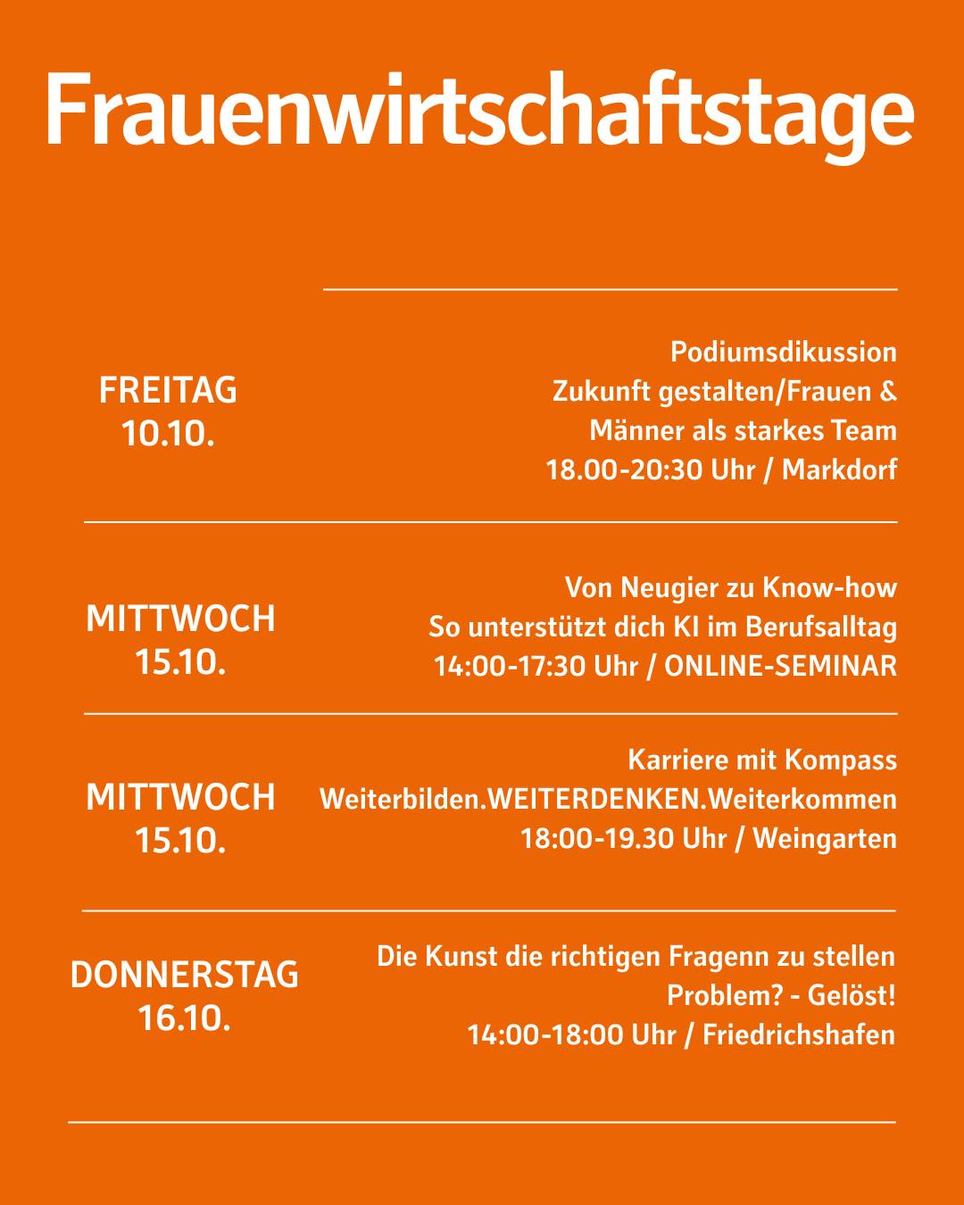 Dieser Alternativtext wurde KI-generiert: Ein farbiges Plakat kündigt verschiedene Veranstaltungen mit Daten, Uhrzeiten und Orten an. Der Titel des Plakats lautet „Frauenwirtschaftstage“.