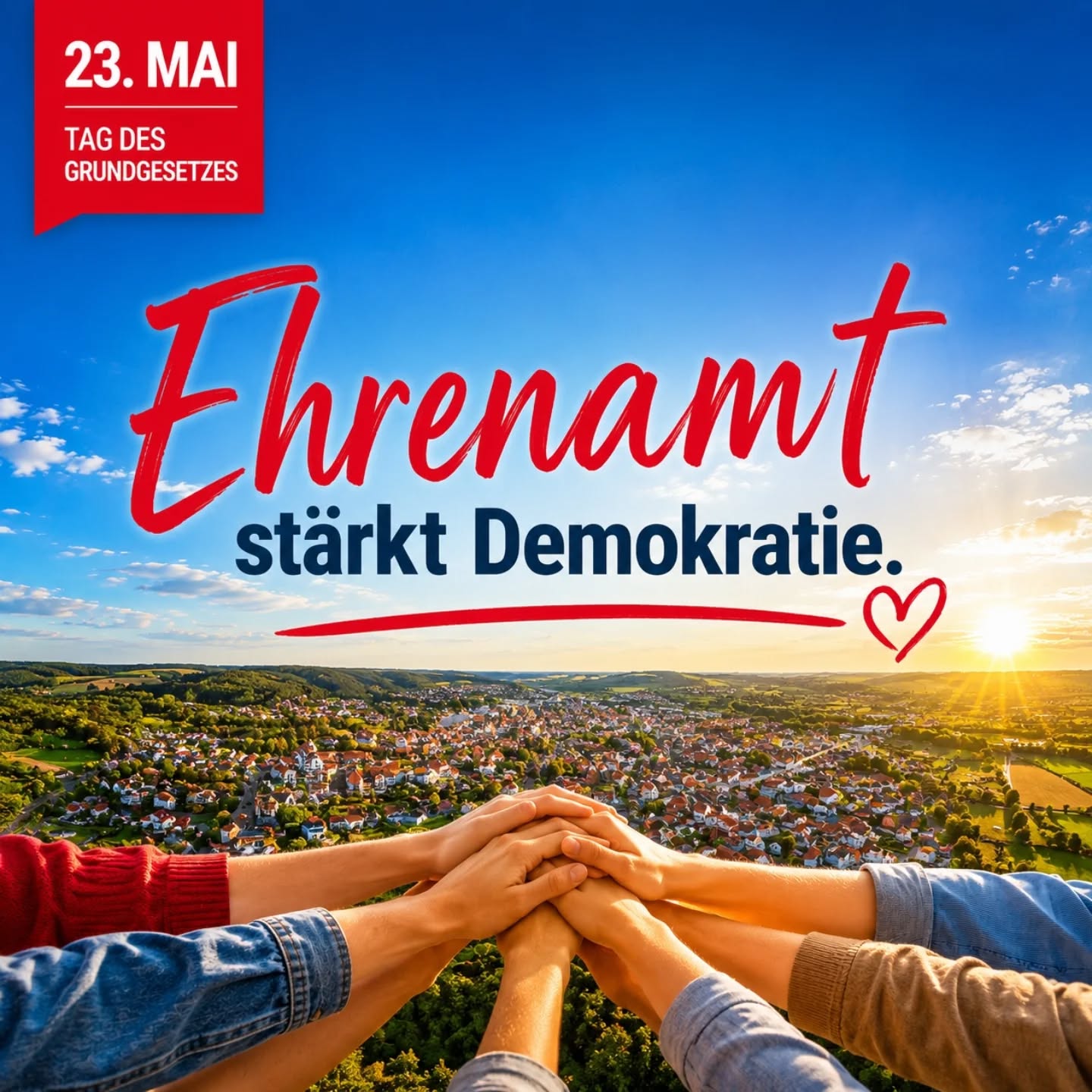 Am 23. Mai, Tag des Grundgesetzes, steht der Schriftzug „Ehrenamt stärkt Demokratie.“ vor einer Landschaft mit Sonnenuntergang. Mehrere Hände liegen übereinander, darunter ein rotes Herz. (KI-Alternativtext)