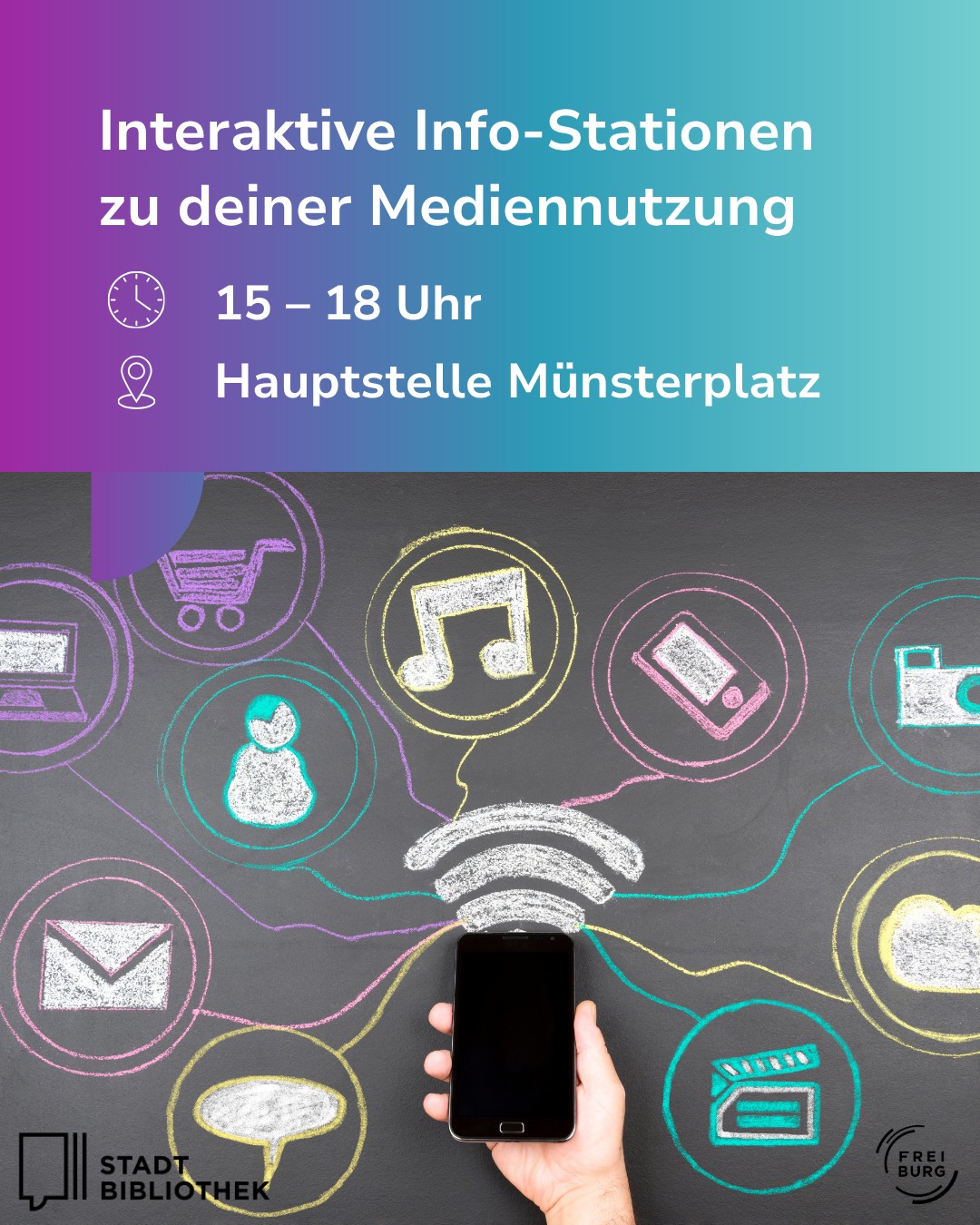 Dieser Alternativtext wurde KI-generiert: Werbeanzeige in Gelb- und Blautönen mit Illustrationen von Medienobjekten und einem Smartphone in der Hand. Der Text bewirbt interaktive Info-Stationen zu Mediennutzung.