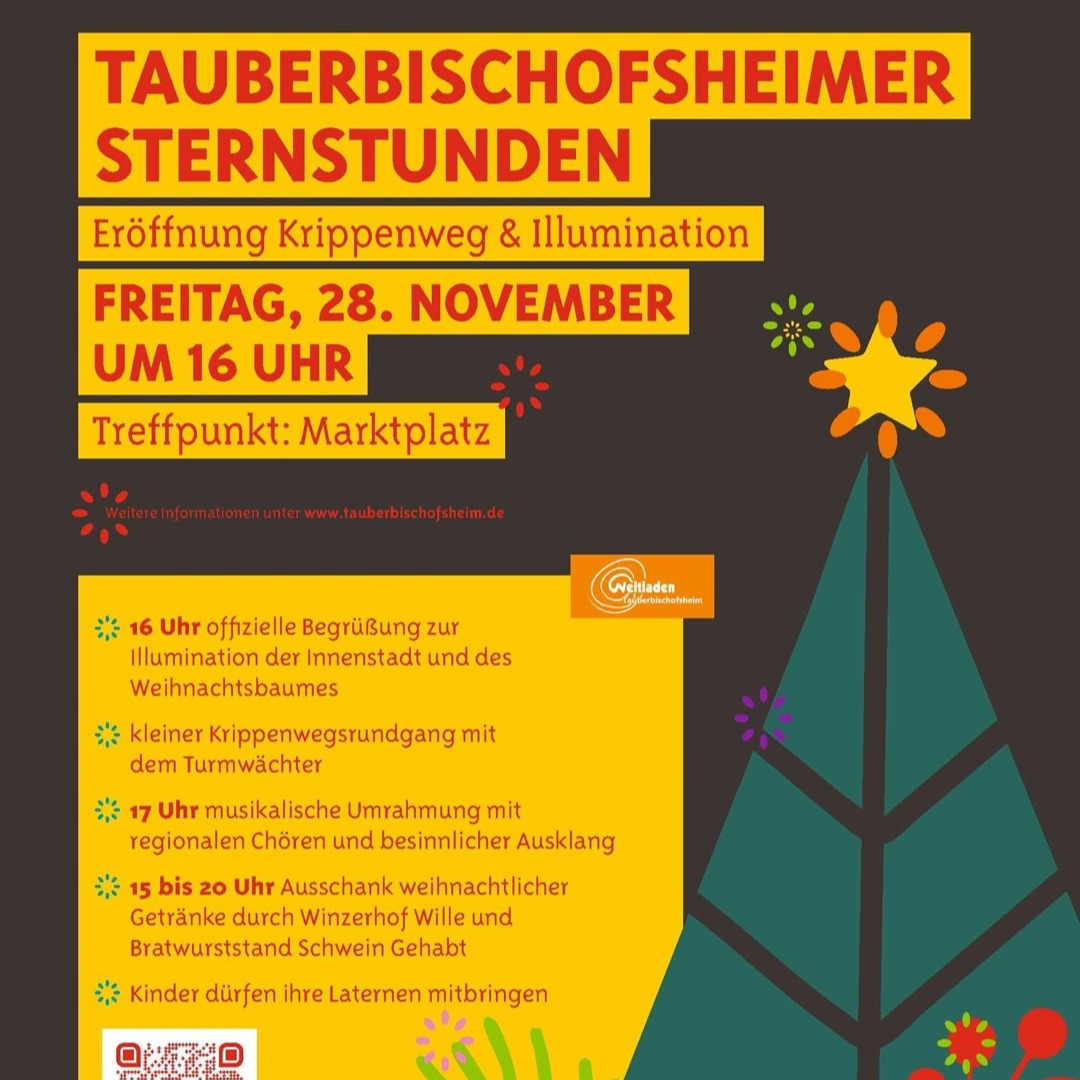 Dieser Alternativtext wurde KI-generiert: Ein farbenfrohes Plakat kündigt eine Eröffnung mit Krippenweg und Illumination an. Es enthält Textinformationen zu Datum, Uhrzeit und Ort des Ereignisses.