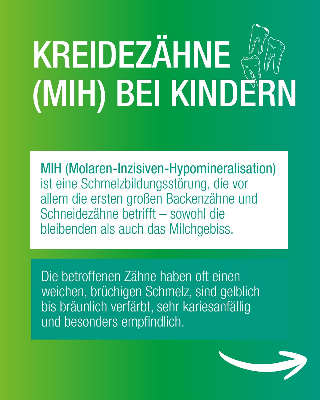 Dieser Alternativtext wurde KI-generiert: Ein grün-gelber Informationsgrafik mit Text und Illustrationen zu einem Zahndefekt bei Kindern. Der Hintergrund hat einen Farbverlauf.