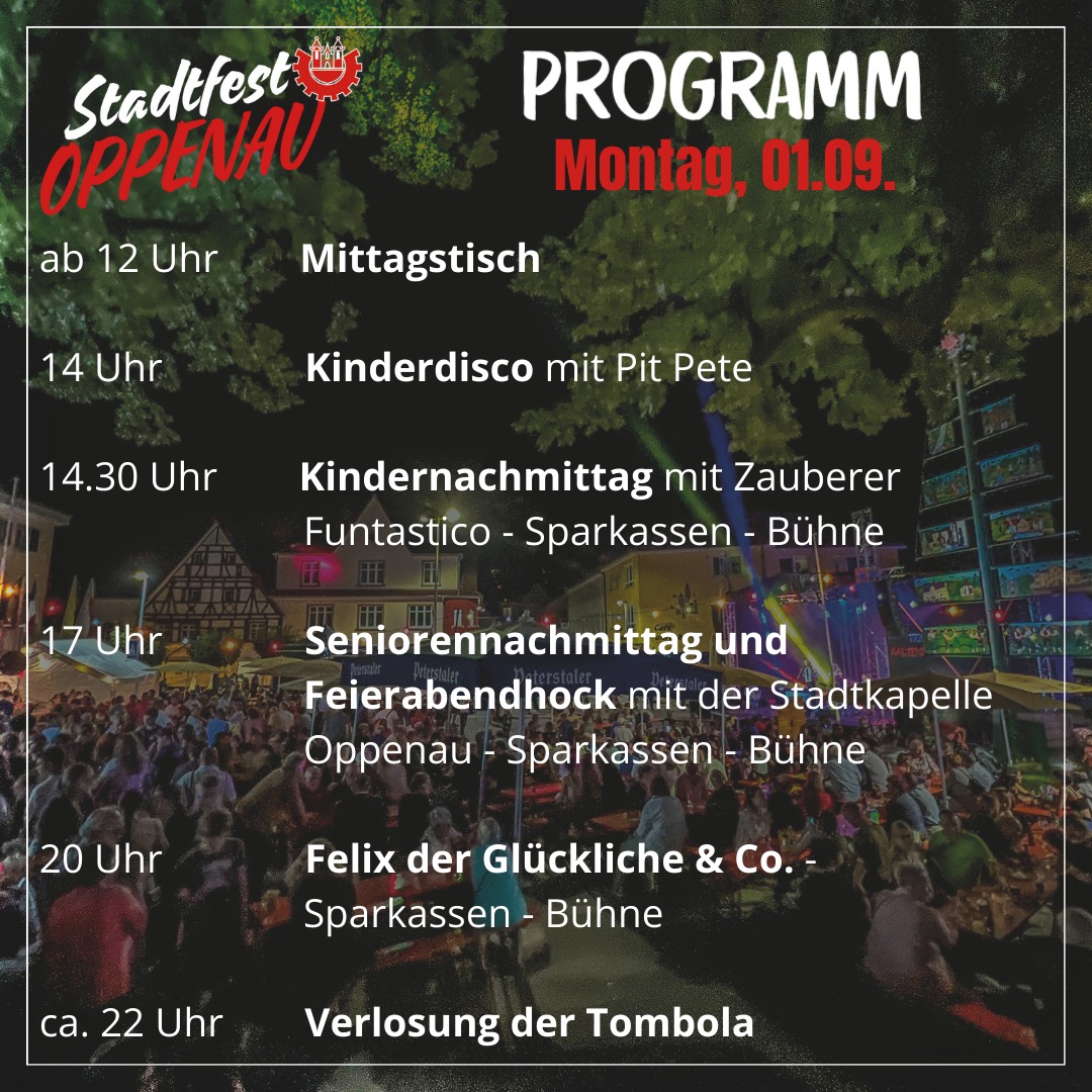 Ein farbiges Werbeplakat zeigt das Programm eines Stadtfestes mit Uhrzeiten und Veranstaltungen. Im Hintergrund ist eine beleuchtete Innenstadt zu sehen.