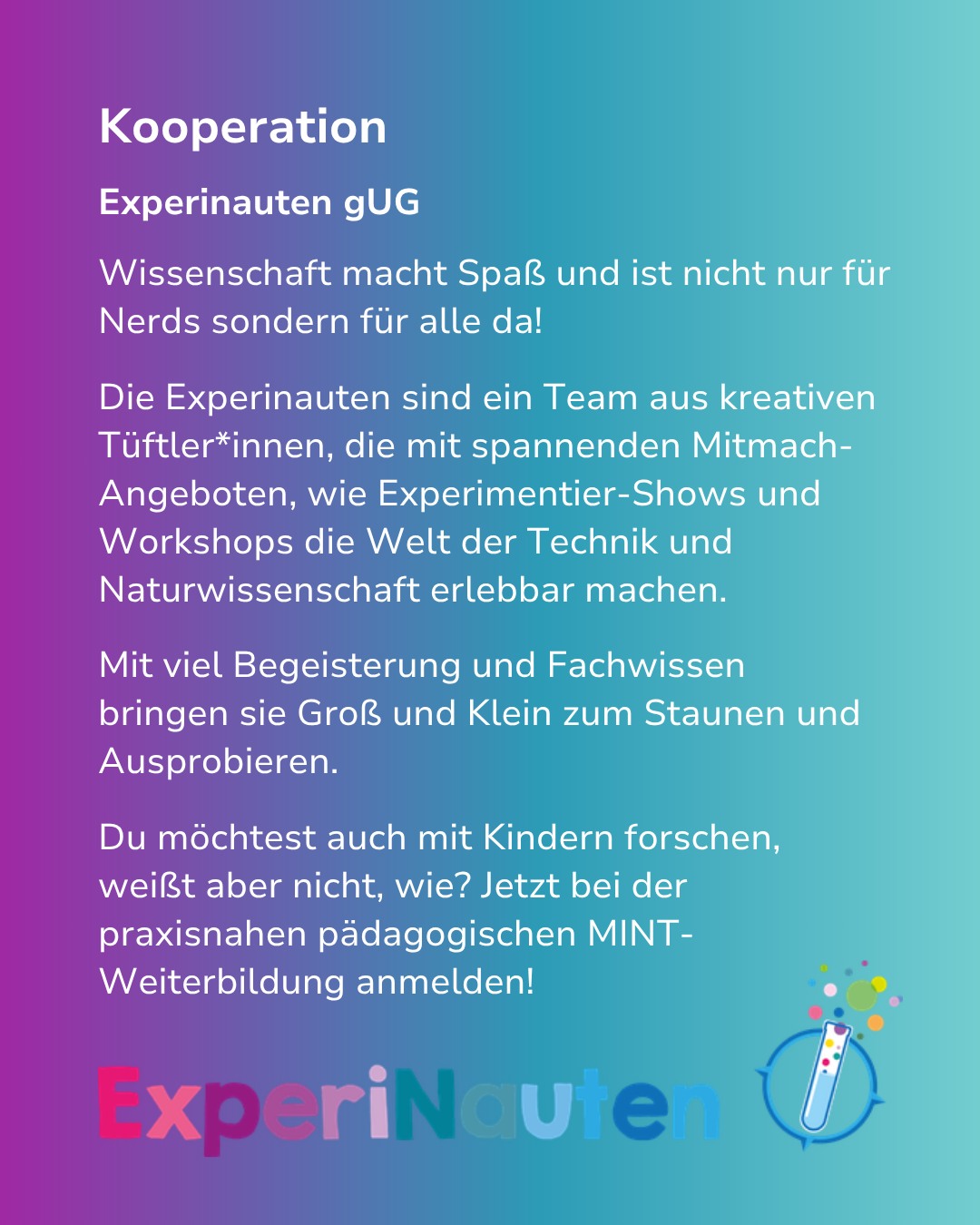 Dieser Alternativtext wurde KI-generiert: Textgrafik mit dem Wort "Kooperation" und dem Logo einer Organisation. Der Hintergrund ist farbig und enthält stilisierte Elemente, die an Experimente erinnern.