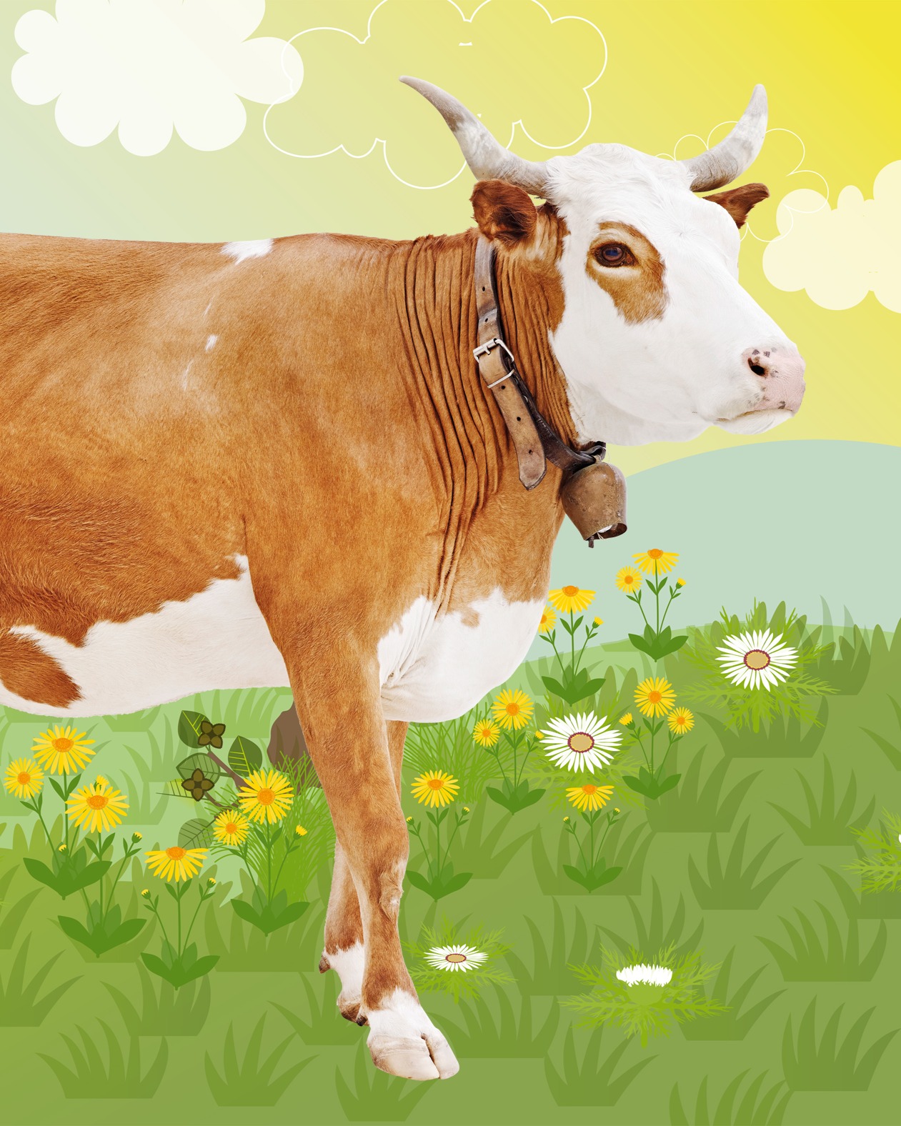 Eine braun-weiße Kuh mit Hörnern und einer Glocke um den Hals steht im Profil auf einer grünen Wiese mit gelben und weißen Blumen. Der Hintergrund besteht aus einem gelben Himmel mit stilisierten weißen Wolken. (KI-Alternativtext)