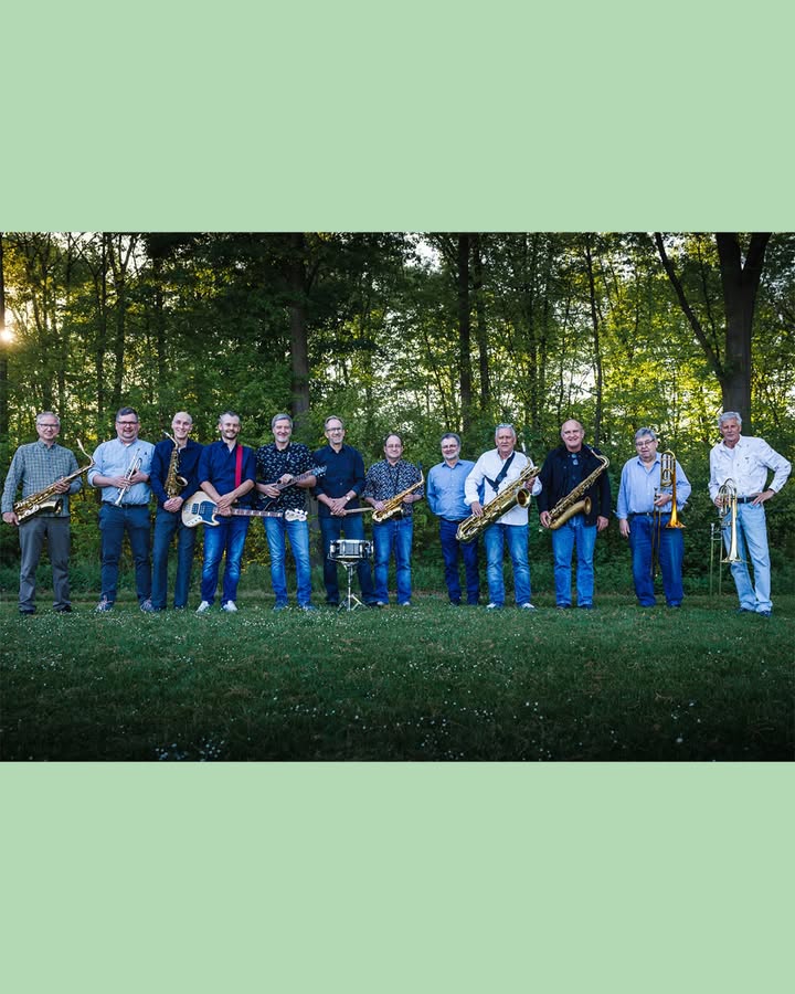 Zwölf Musiker stehen im Freien auf einer Wiese vor einem Wald und halten Instrumente wie Saxophone, Klarinetten, Gitarren, eine Posaune und eine Trompete. In der Mitte der Reihe steht ein kleines Schlaginstrument auf einem Ständer. (KI-Alternativtext)