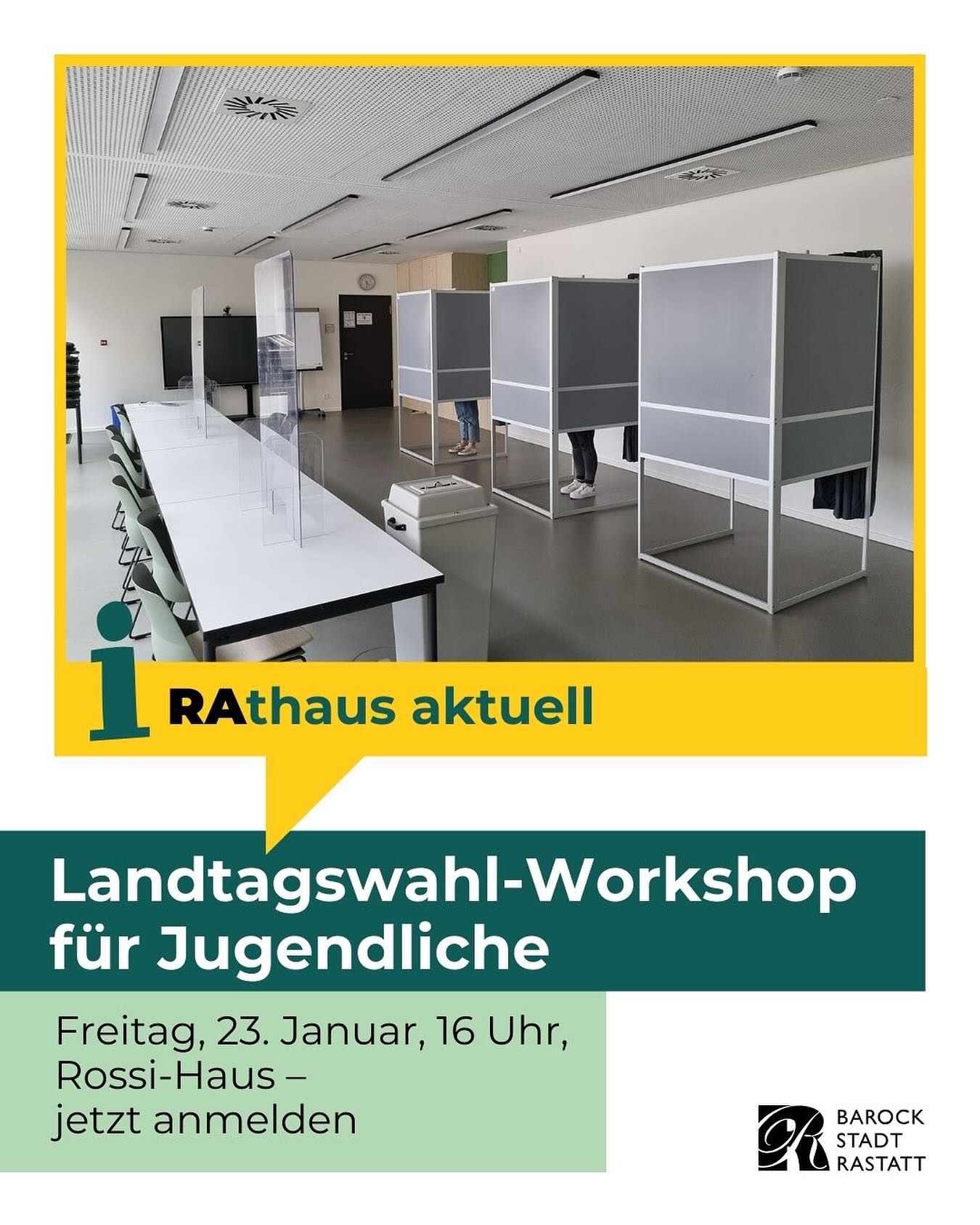 Dieser Alternativtext wurde KI-generiert: Ein Innenraum mit Möbeln und Texten auf einer farbigen Fläche im Vordergrund. Die Aufnahme ist farbig und zeigt Informationen zu einem Workshop für Jugendliche.