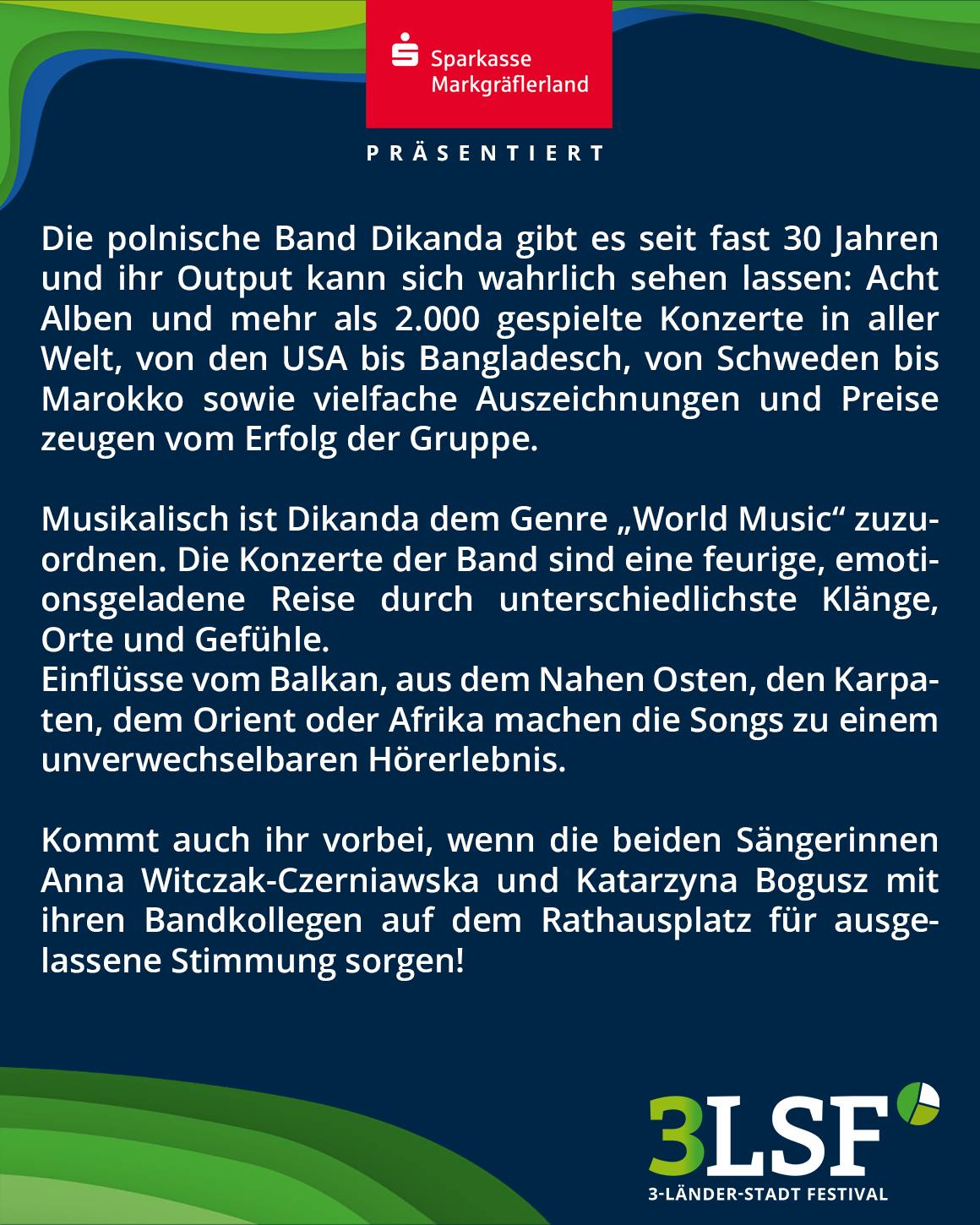 Dieser Alternativtext wurde KI-generiert: Werbeanzeige mit blauem und türkisfarbenem Hintergrund. Der Text bewirbt eine Band und ein bevorstehendes Musikfestival.