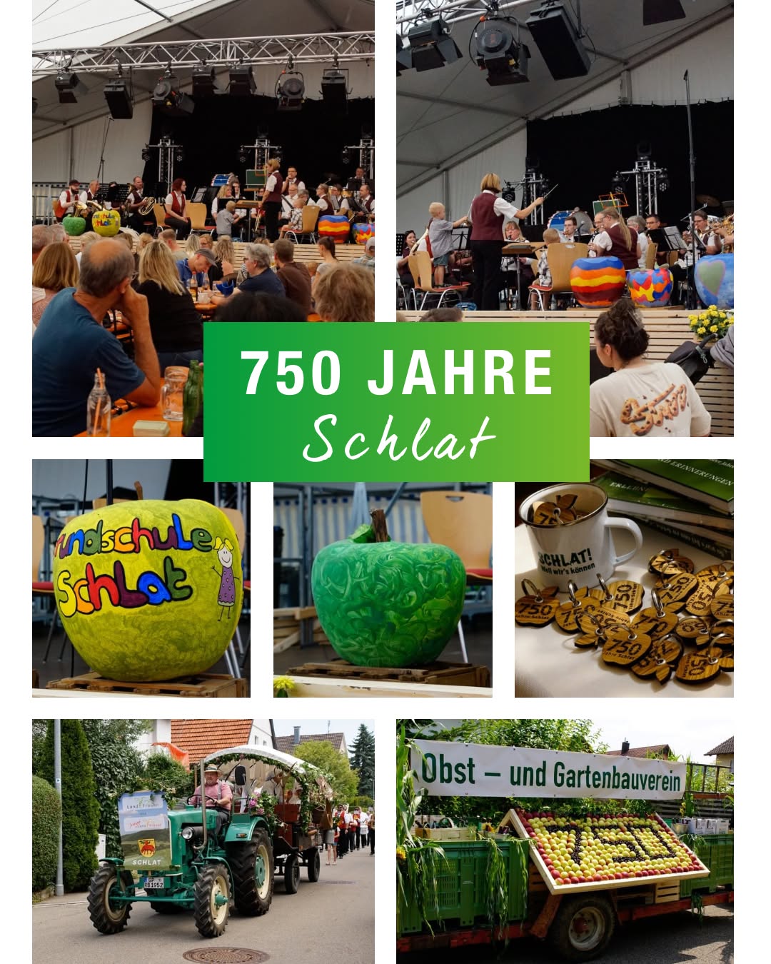 Dieser Alternativtext wurde KI-generiert: Eine Collage aus verschiedenen Bildern zeigt eine Feier unter einem Zelt, Kürbisse, Texte und landwirtschaftliche Szenen. Die Aufnahme ist bunt und zeigt vielfältige Motive.