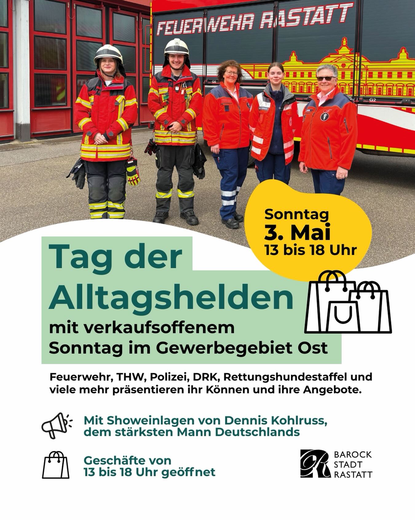Dieser Alternativtext wurde KI-generiert: Ein farbenfrohes Plakat bewirbt eine Veranstaltung mit dem Titel „Tag der Alltagshelden“. Es zeigt Personen in Uniformen vor einem Feuerwehrauto und informiert über Austellungen und Aktivitäten am 3. Mai.