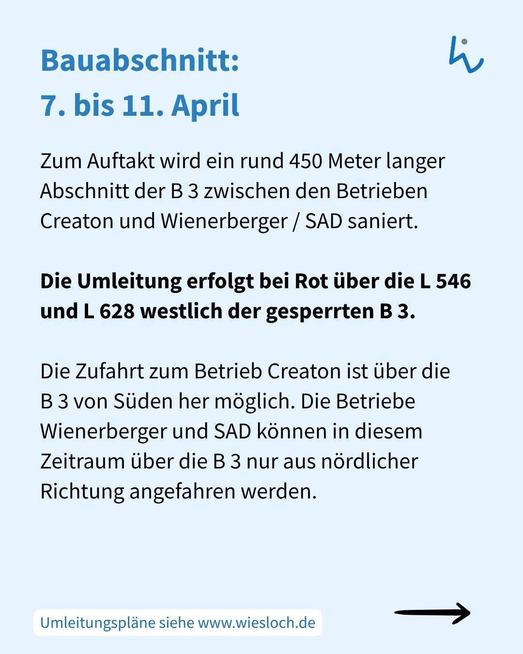 Dieser Alternativtext wurde KI-generiert: Schwarz-weißes Bild mit Text, der Informationen über eine Baustelle und Umleitungen enthält. Ein Pfeil am unteren Rand verweist auf einen Link für Umleitungspläne.