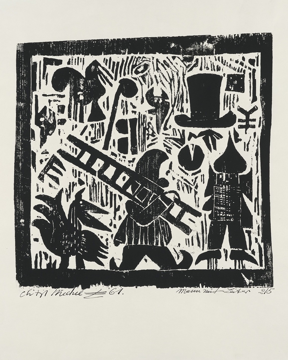 Dieser Alternativtext wurde KI-generiert: Schwarz-weißer Holzschnitt, der mehrere stilisierte Figuren und eine Leitern zeigt. Die Komposition wirkt abstrakt und dynamisch.