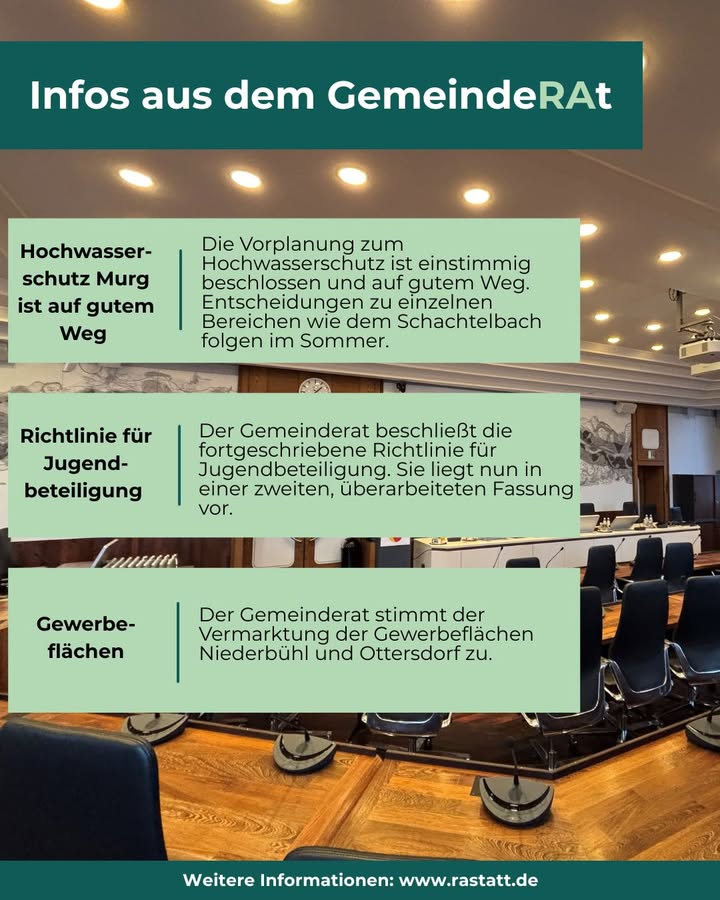 Dieser Alternativtext wurde KI-generiert: Ein farbiges Informationsblatt mit Text und kleinen Bildern. Es informiert über Beschlüsse des Gemeinderats zu verschiedenen Themen wie Hochwasserschutz, Jugendbeteiligung und Gewerbeflächen.