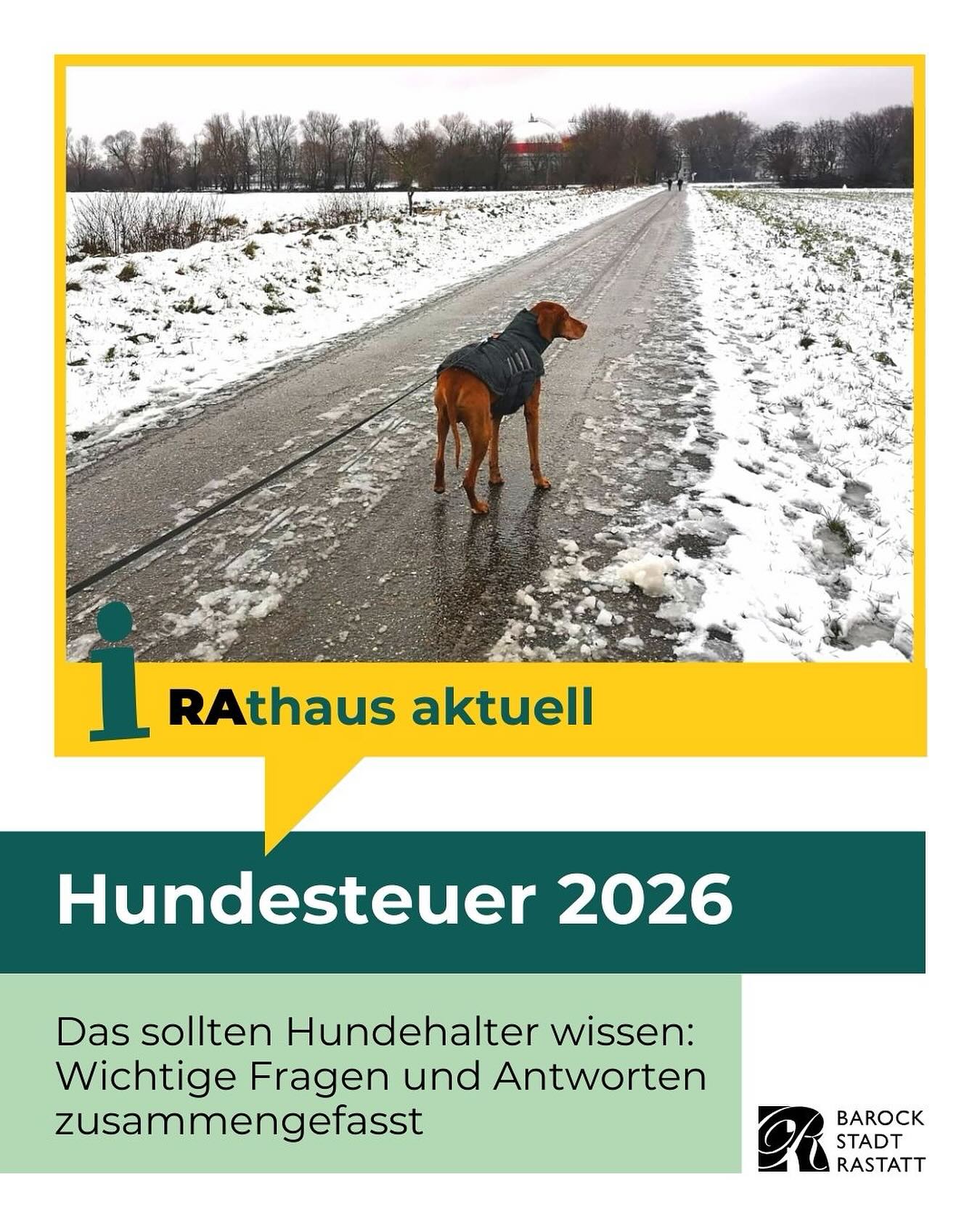 Dieser Alternativtext wurde KI-generiert: Ein schwarz-weißes Foto zeigt eine Person mit einem Hund, die auf einer schneebedeckten Straße stehen. Im Vordergrund befindet sich ein Werbeplakat zum Thema Hundesteuer.