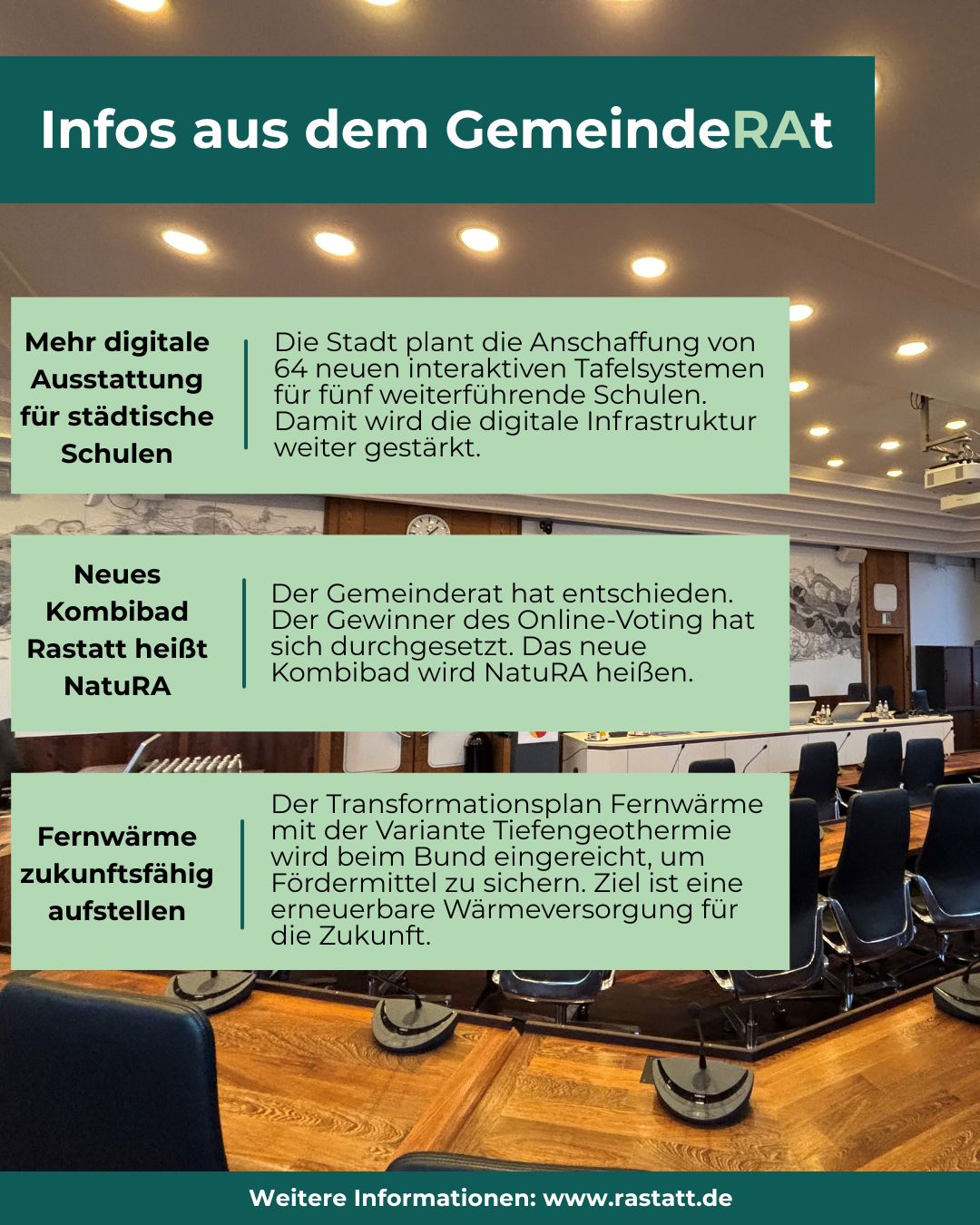 Dieser Alternativtext wurde KI-generiert: Ein farbiges Informationsplakat mit Text über digitale Ausstattung für Schulen, ein neues Kombibad und zukunftsfähige Fernwärme. Es enthält verschiedene Abschnitte mit kurzen Beschreibungen und einer Website-Adresse.