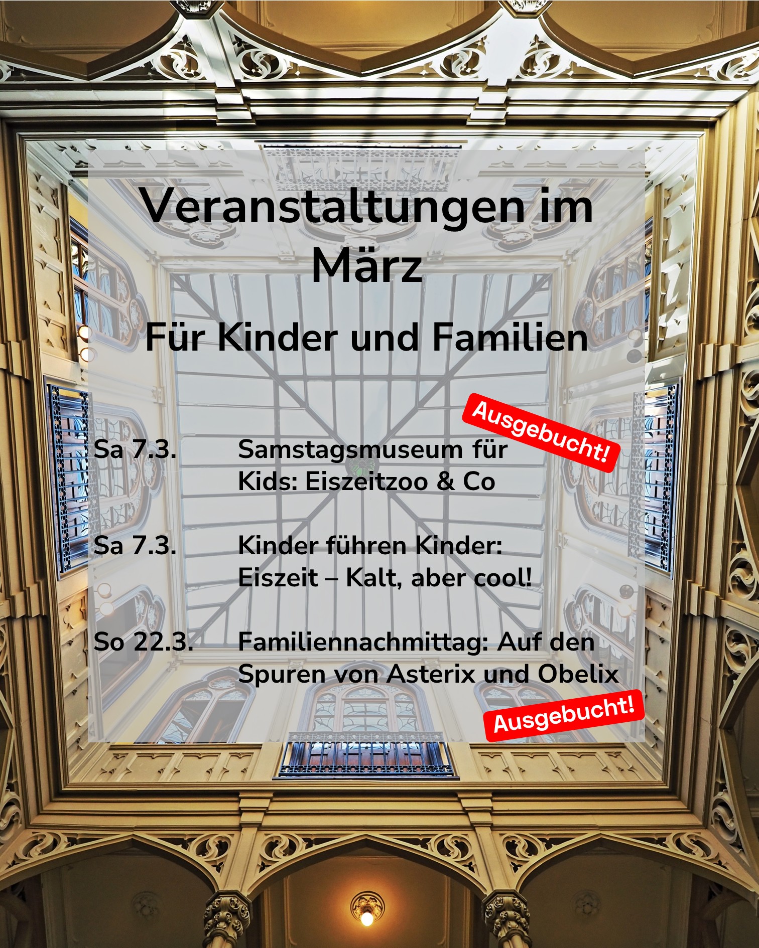 Dieser Alternativtext wurde KI-generiert: Ein farbiges Plakat kündigt Veranstaltungen im März für Kinder und Familien an. Das Plakat zeigt ein Gebäude mit großen Fenstern und Dekorationen.