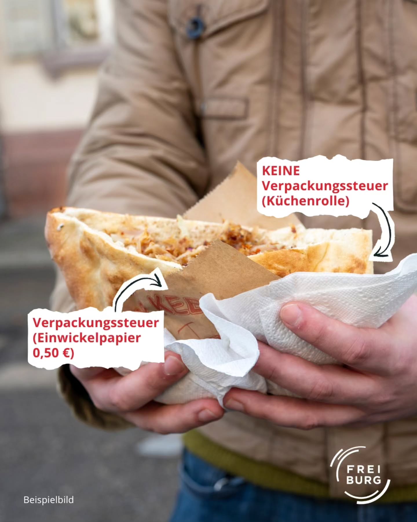 Dieser Alternativtext wurde KI-generiert: Ein Gebäckstück in Papiertüte wird in einer Hand gehalten. Auf dem Papier sind Beschriftungen und Pfeile zu sehen, die auf Gebühren hinweisen.