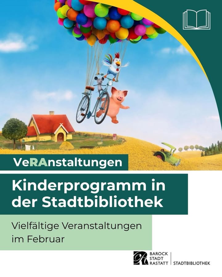 Dieser Alternativtext wurde KI-generiert: Ein farbenfrohes Plakat zeigt Tiere auf einem Fahrrad, das von vielen bunten Luftballons in den Himmel gezogen wird. Im unteren Bereich des Plakats befindet sich Text, der auf ein Kinderprogramm in einer Stadtbibliothek hinweist.