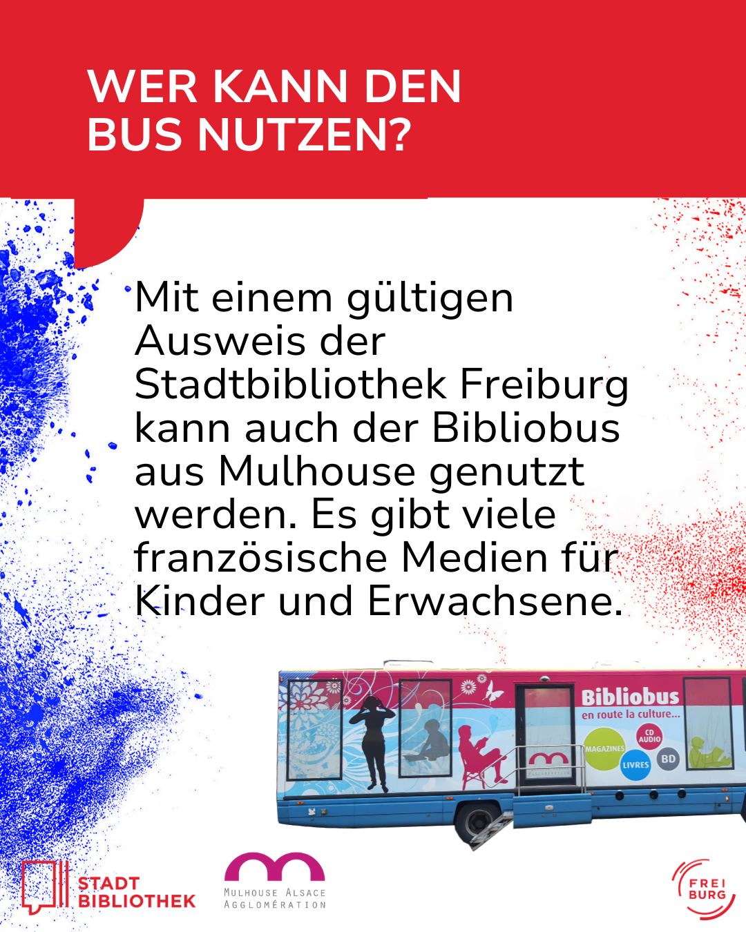 Dieser Alternativtext wurde KI-generiert: Schwarz-weißes Bild mit Text und Illustration eines Busses. Der Text informiert über die Nutzung eines Bibliobusses mit einem gültigen Ausweis.