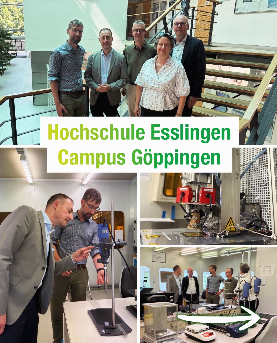 Fünf Personen stehen vor einer Treppe, darüber der Text "Hochschule Esslingen Campus Göppingen". Darunter betrachten zwei Personen ein technisches Gerät, daneben sind eine Nahaufnahme von Maschinenteilen und eine weitere Gruppe von Personen in einem Labor zu sehen. (KI-Alternativtext)