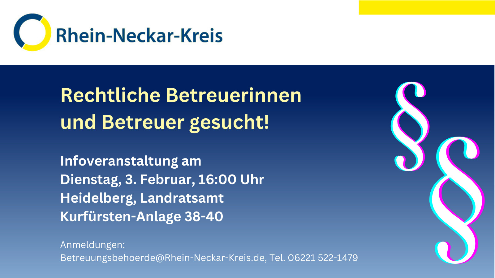 Dieser Alternativtext wurde KI-generiert: Ein blau-gelber Hintergrund zeigt eine Ankündigung für eine Informationsveranstaltung. Auf dem Bild sind Text und stilisierte Rechtssymbole zu sehen.