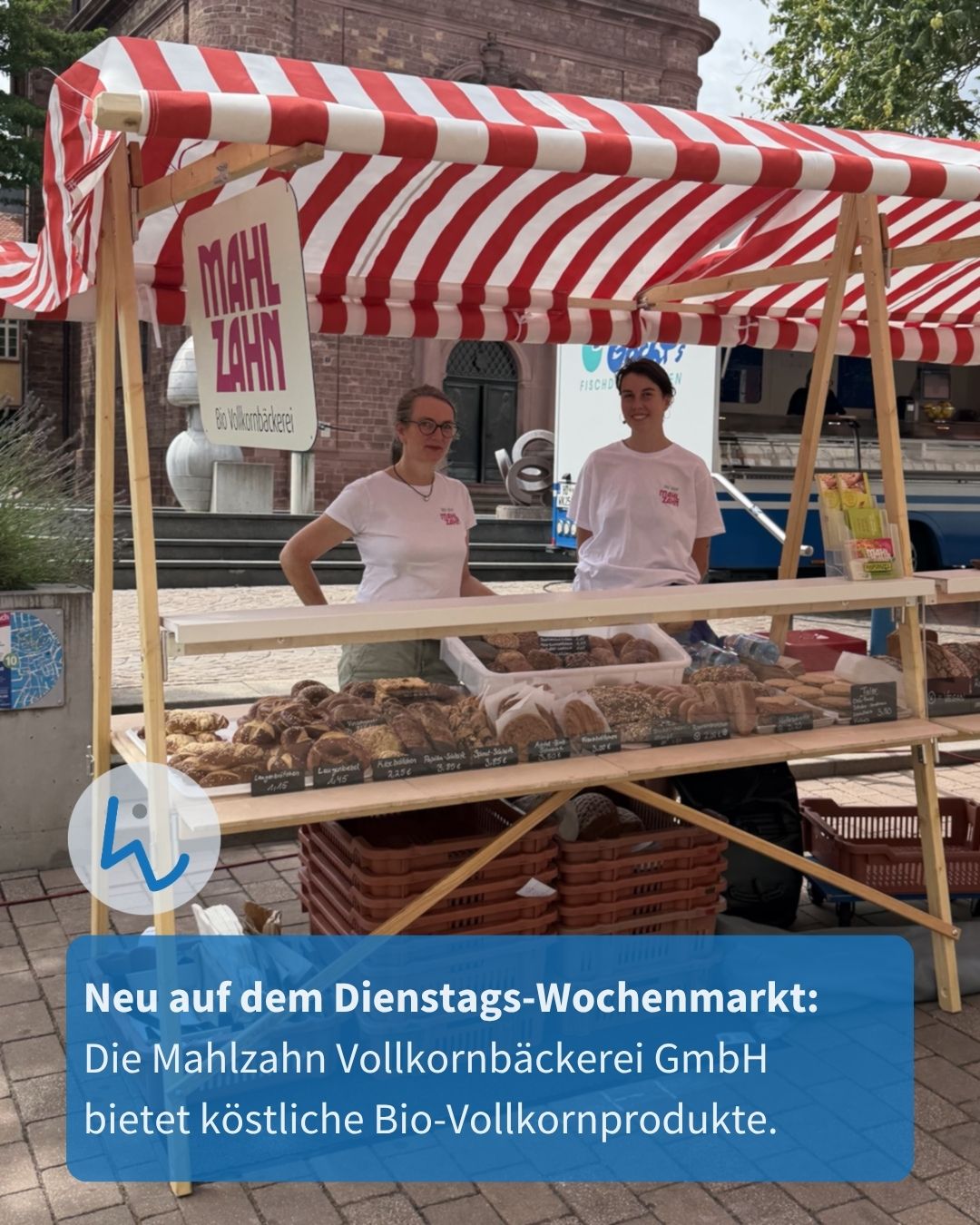 Ein Holzmarktstand mit rot-weiß gestreifter Markise und einem Schild "MAHLZAHN Bio Vollkornbäckerei" zeigt auf Regalen verschiedene Backwaren. Zwei Personen in weißen T-Shirts stehen hinter dem Tresen. Ein blauer Textkasten unten lautet: "Neu auf dem Dienstags-Wochenmarkt: Die Mahlzahn Vollkornbäckerei GmbH bietet köstliche Bio-Vollkornprodukte." (KI-Alternativtext)