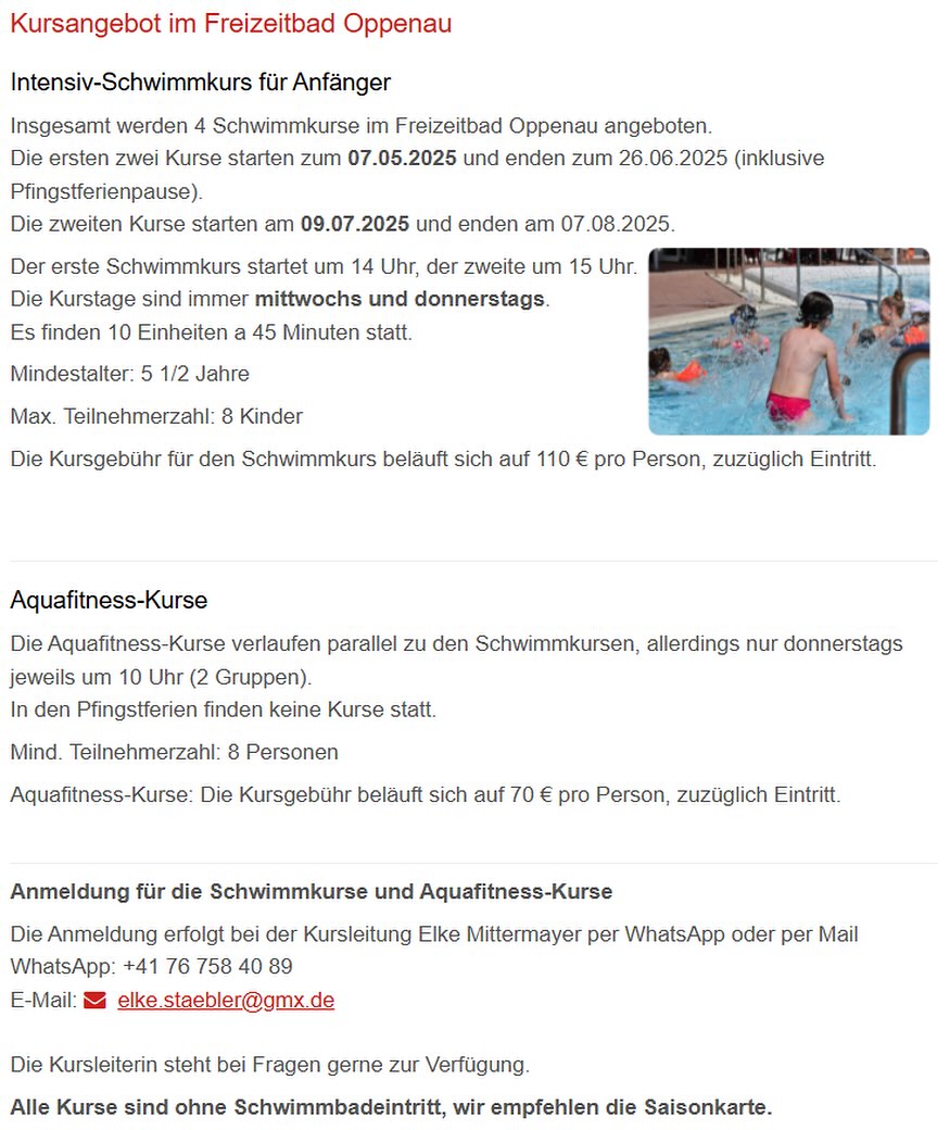Kursangebot für Schwimmkurse und Aquafitness im Freizeitbad.  Die Kurse finden an mehreren Tagen statt.
