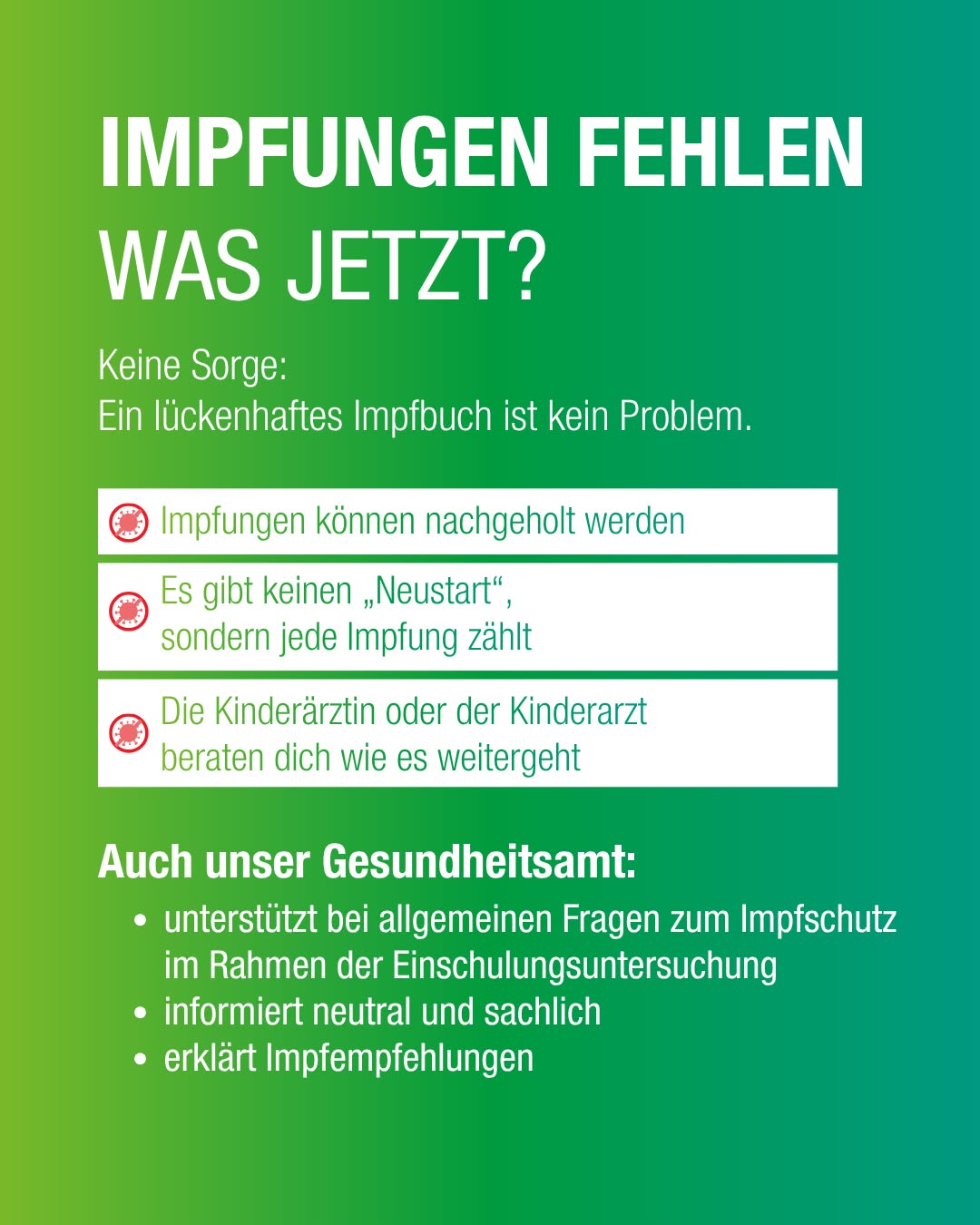 Dieser Alternativtext wurde KI-generiert: Ein farbiges Plakat mit weißem Text bietet Informationen zu Impfungen und Ratschläge, was zu tun ist, wenn Impfungen fehlen oder lückenhaft sind. Es werden Beratungsangebote und neutrale Informationen zum Impfschutz genannt.