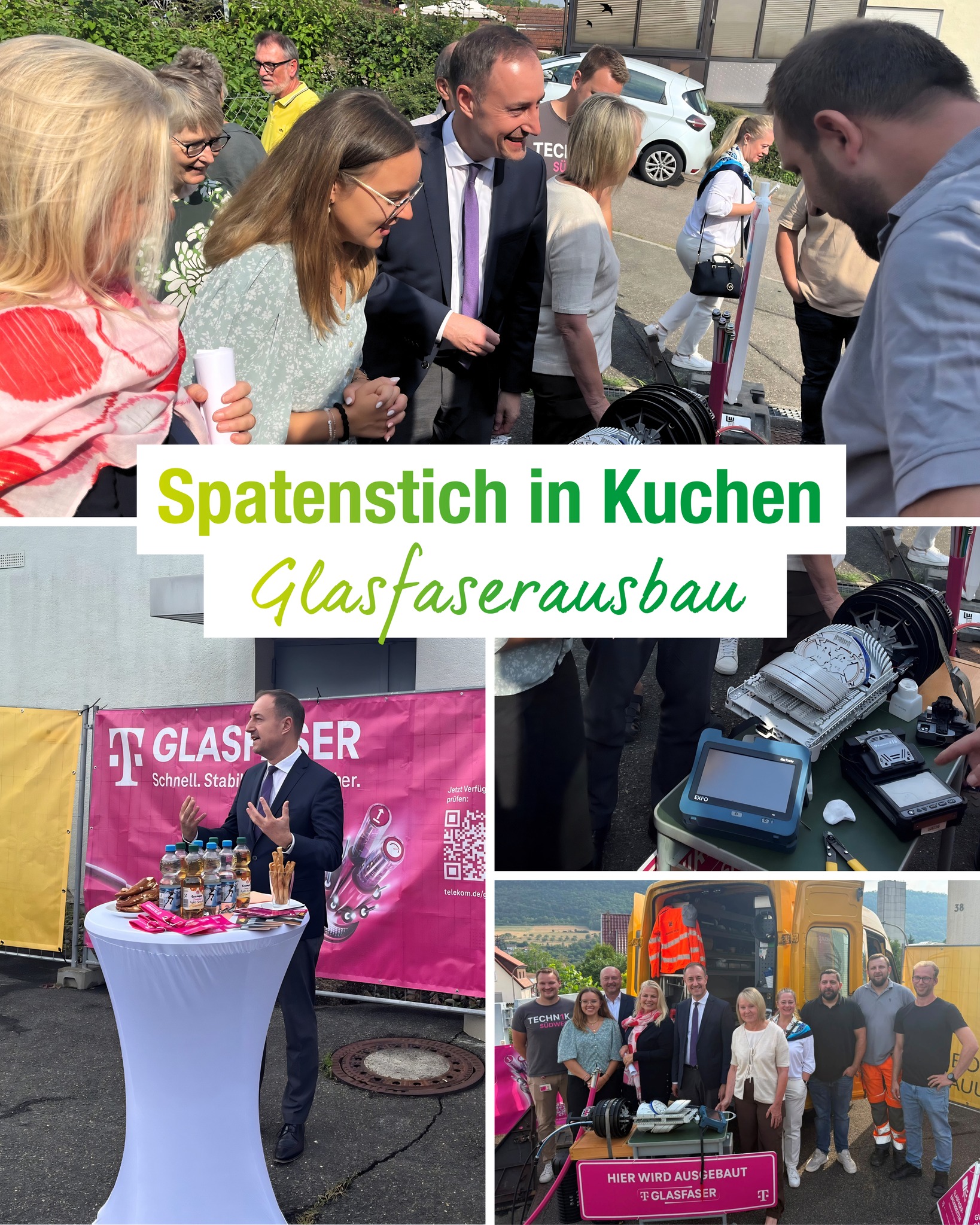 Collage mit vier Bildern zur Glasfaser-Ausbaustartveranstaltung in Kuchen. Der Text "Spatenstich in Kuchen Glasfaserausbau" ist eingeblendet. Dargestellt sind Personen bei einer Präsentation vor einem Telekom-Banner, technische Geräte für Glasfaserkabel und ein Gruppenfoto vor einem gelben LKW sowie einem Schild mit der Aufschrift "Hier wird ausgebaut". (KI-Alternativtext)