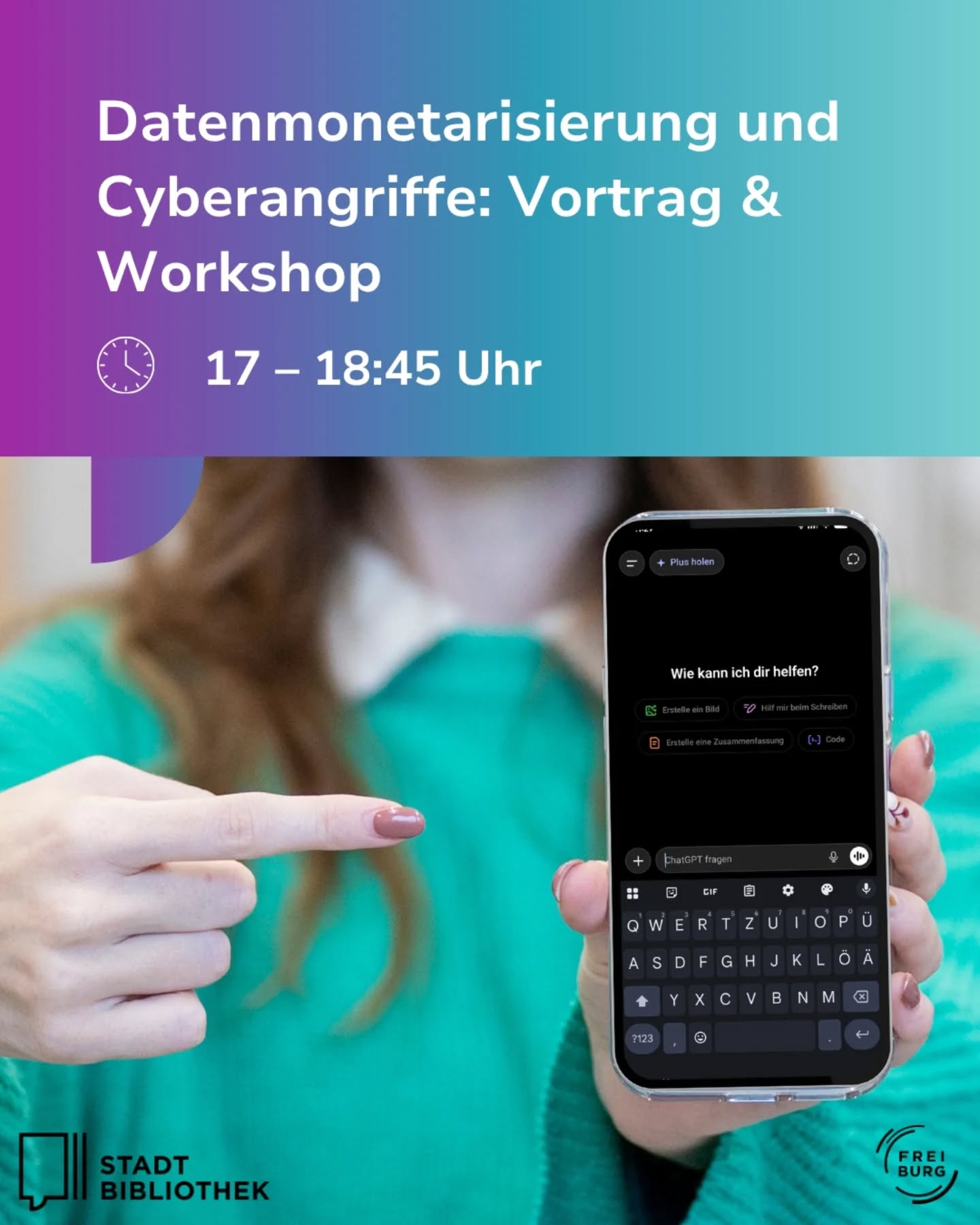 Dieser Alternativtext wurde KI-generiert: Ein Handy zeigt eine Chat-Oberfläche. Im Hintergrund sind Hände und ein Laptop zu sehen, sowie ein Werbeplakat für einen Vortrag.
