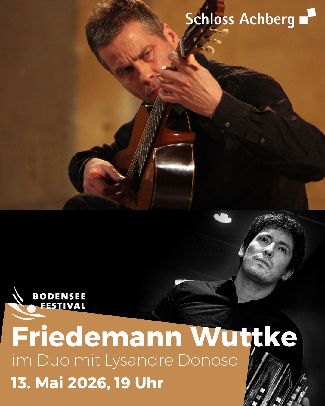 Dieser Alternativtext wurde KI-generiert: Zwei Bilder zeigen Musiker mit ihren Instrumenten. Das obere Bild ist farbig, das untere in Schwarz-Weiß gehalten und enthält Textinformationen zu einem Konzert.