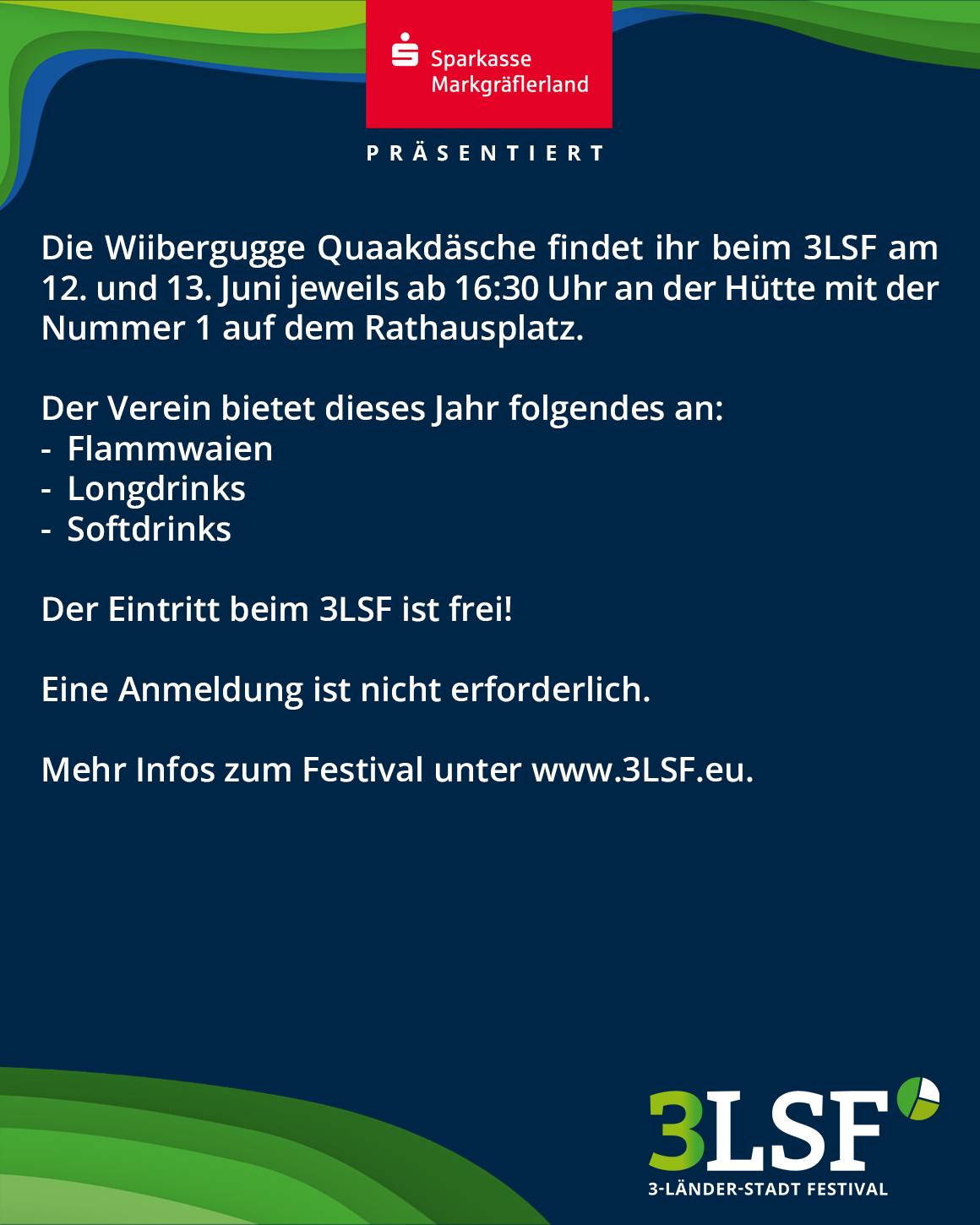 Dieser Alternativtext wurde KI-generiert: Ein dunkelblauer Hintergrund mit weißem Text bewirbt ein Festival an zwei Tagen im Juni. Der Text informiert über kostenlosen Eintritt und eine Auswahl an Speisen und Getränken.