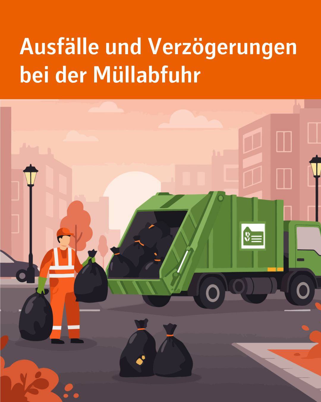 Ausfälle und Verzögerungen bei der Müllabfuhr. Bild zeigt eine Comicgrafik von einem Müllabfuhrfahrzeug und von einem Entsorgungsmitarbeiter auf einer Straße in der Stadt