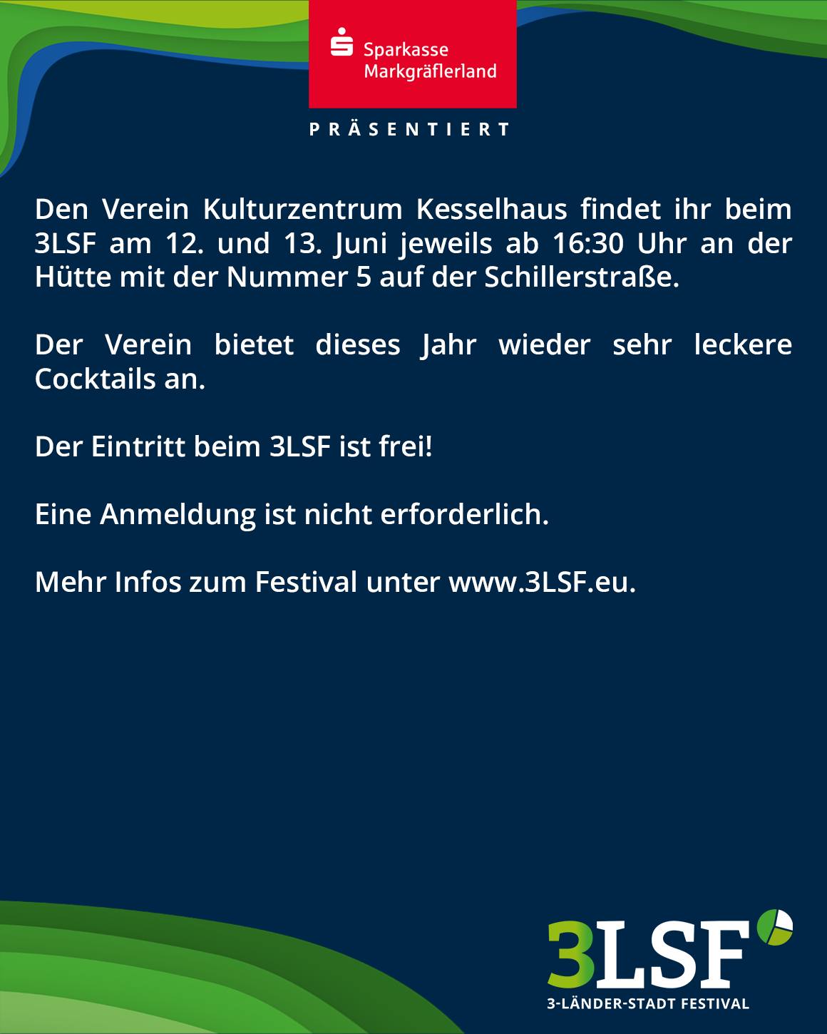 Dieser Alternativtext wurde KI-generiert: Werbeanzeige mit Informationen zu einem Festival. Der Text bewirbt Cocktails und kostenlosen Eintritt, sowie eine Webseite für weitere Details.