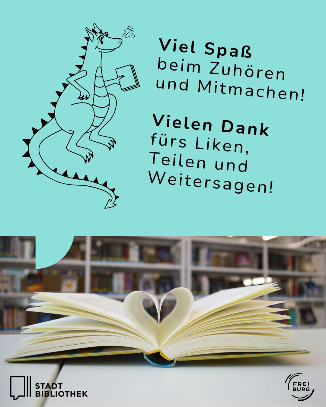 Dieser Alternativtext wurde KI-generiert: Ein farbenfrohes Bild mit einem Comic-Drachen und einem aufgeschlagenen Buch. Der Hintergrund zeigt einen Bibliotheksraum mit Bücherregalen.