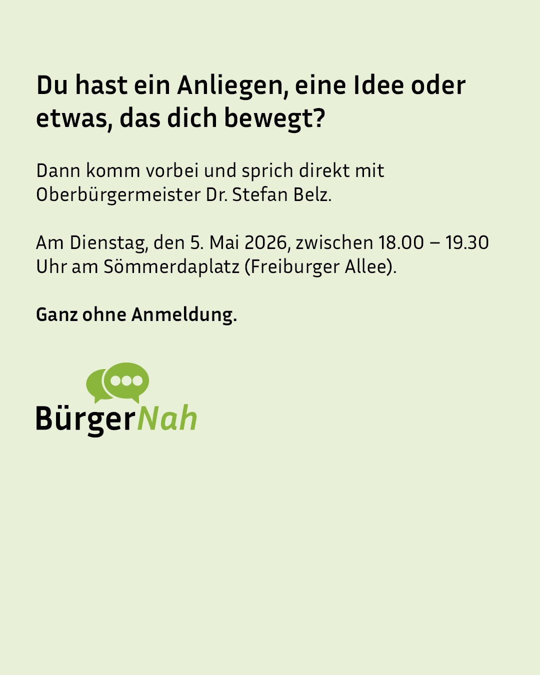 Dieser Alternativtext wurde KI-generiert: Ein Werbeflyer mit Text und einem grünen Sprechblasen-Logo. Der Flyer bewirbt eine offene Sprechstunde am Dienstag, dem 5. Mai 2026, zwischen 18:00 und 19:30 Uhr.