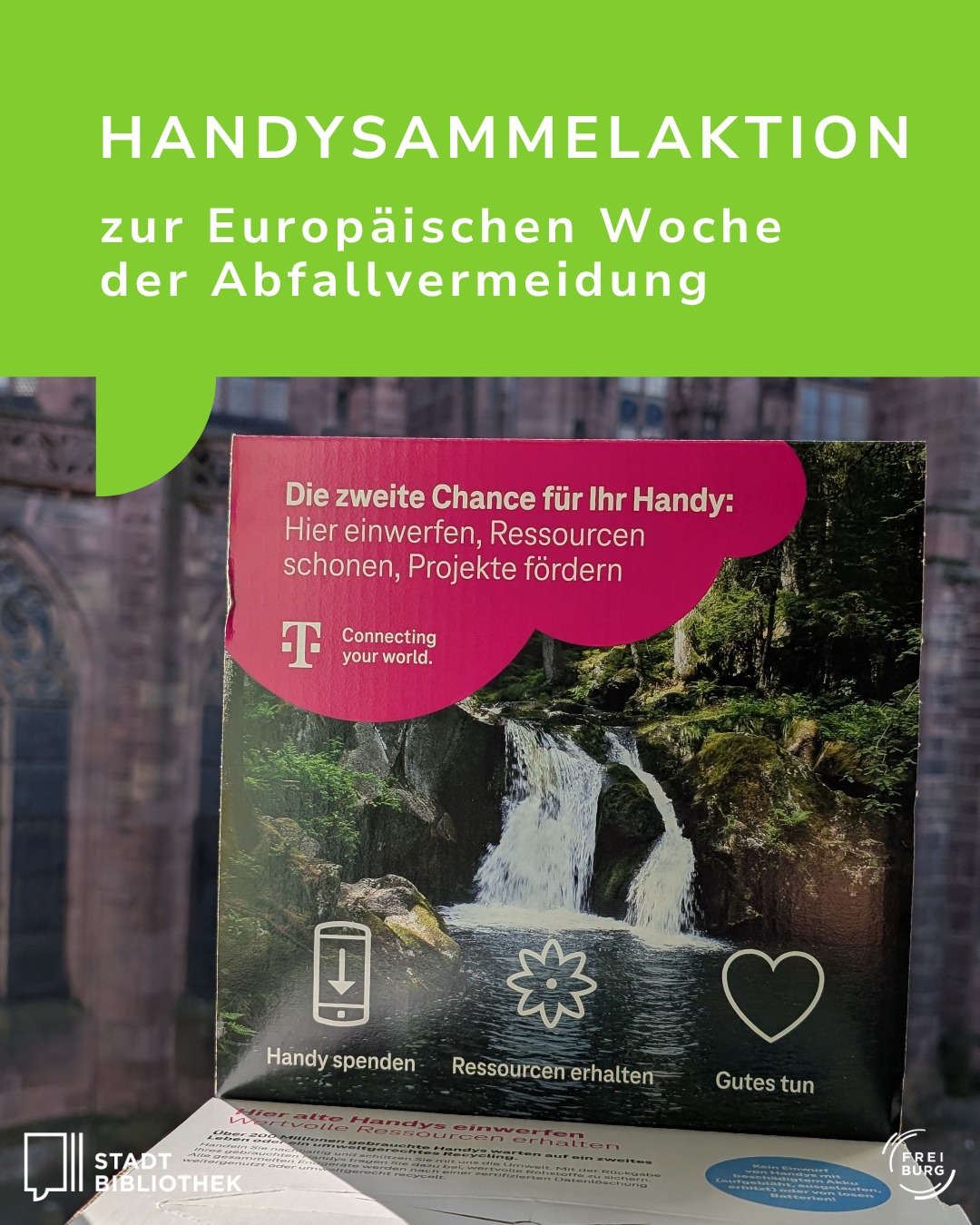 Dieser Alternativtext wurde KI-generiert: Ein farbiges Plakat informiert über eine Handysammelaktion zur Europäischen Woche der Abfallvermeidung. Es zeigt die Möglichkeit, alte Handys zu spenden, um Ressourcen zu schonen und Projekte zu fördern.