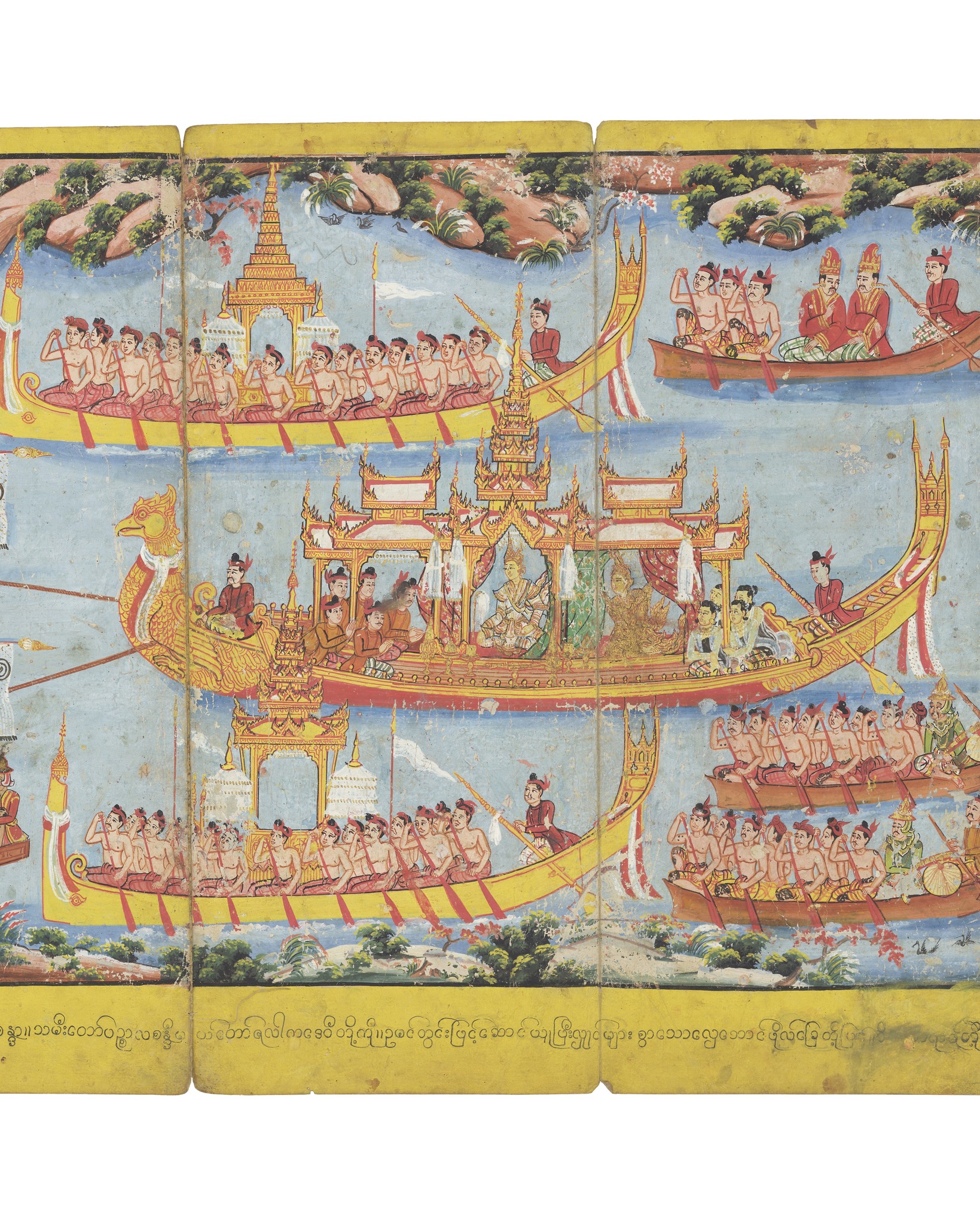 Dieser Alternativtext wurde KI-generiert: Eine farbenfrohe, historische Darstellung zeigt mehrere bemalte Boote auf einem Fluss. Die Boote sind mit Personen besetzt, die rudern und musizieren.