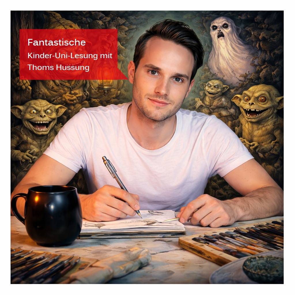 Dieser Alternativtext wurde KI-generiert: Eine Person sitzt an einem Schreibtisch mit Stift und Papier und hält eine Tasse. Im Hintergrund sind fantastische Figuren und ein Buch zu sehen.