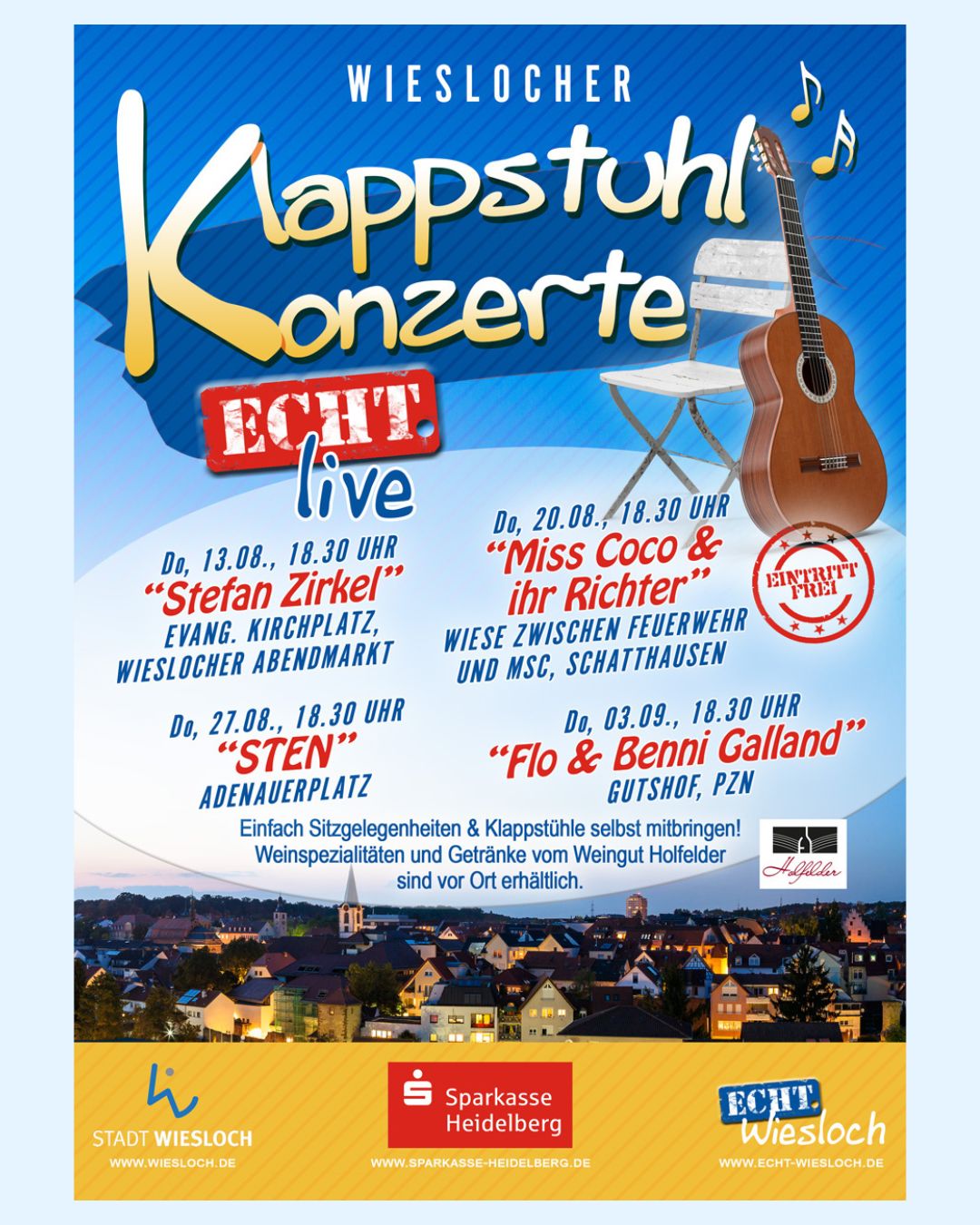 Plakat für die Wieslocher Klappstuhl Konzerte, die live und Eintritt frei mit den Künstlern Stefan Zirkel, Miss Coco & ihr Richter, Sten und Flo & Benni Galland im August und September an verschiedenen Orten in Wiesloch und Umgebung stattfinden. Zuschauer werden aufgefordert, eigene Sitzgelegenheiten mitzubringen. (KI-Alternativtext)