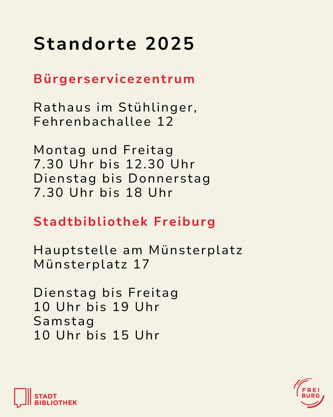 Dieser Alternativtext wurde KI-generiert: Schwarz-weißer Text enthält Informationen zu Öffnungszeiten und Adressen von Bürgerdienstleistungen und der Stadtbibliothek. Die Informationen sind in zwei Abschnitte unterteilt und mit Logos versehen.