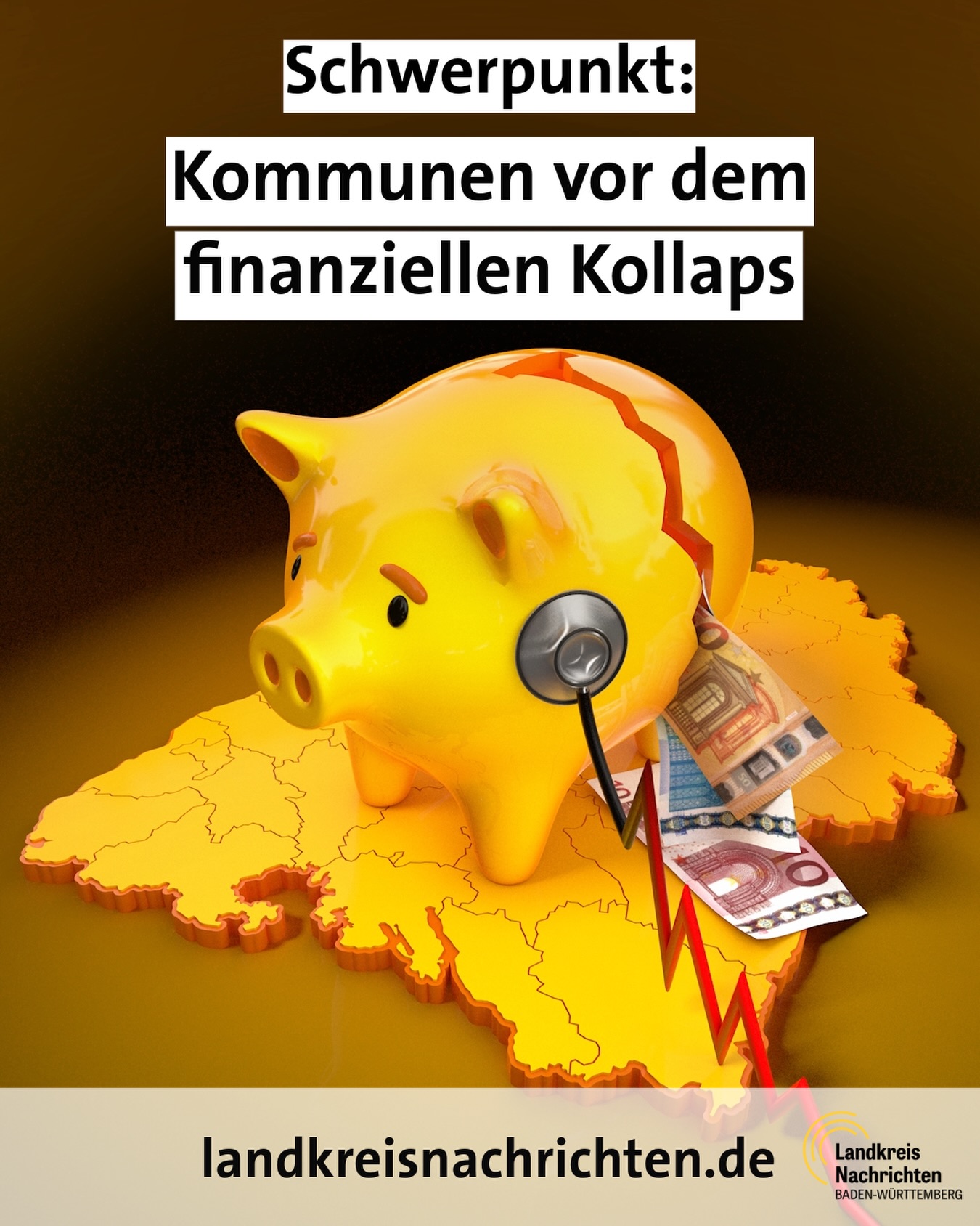 Dieser Alternativtext wurde KI-generiert: Ein rosafarbenes Sparschwein ist zerbrochen und weist Risse auf. Darunter befindet sich eine stilisierte Landkarte mit Geldscheinen und einem Stethoskop, was auf finanzielle Probleme hindeutet.