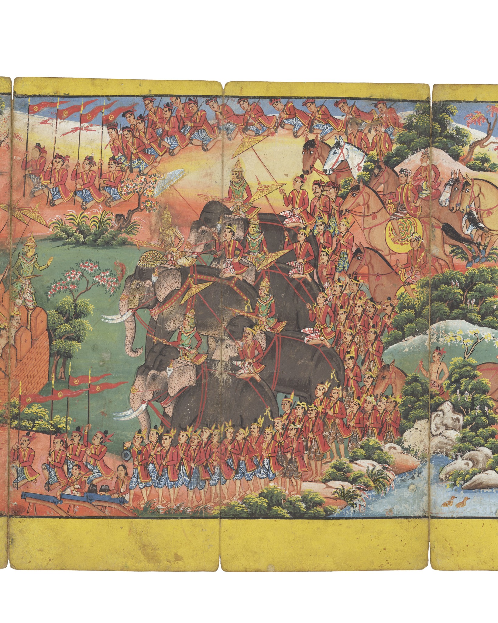 Dieser Alternativtext wurde KI-generiert: Eine farbenfrohe, historische Darstellung zeigt eine Prozession mit Elefanten und Pferden, umgeben von zahlreichen Menschen. Das Werk ist in mehrere Paneele unterteilt und weist einen detailreichen, traditionellen Stil auf.