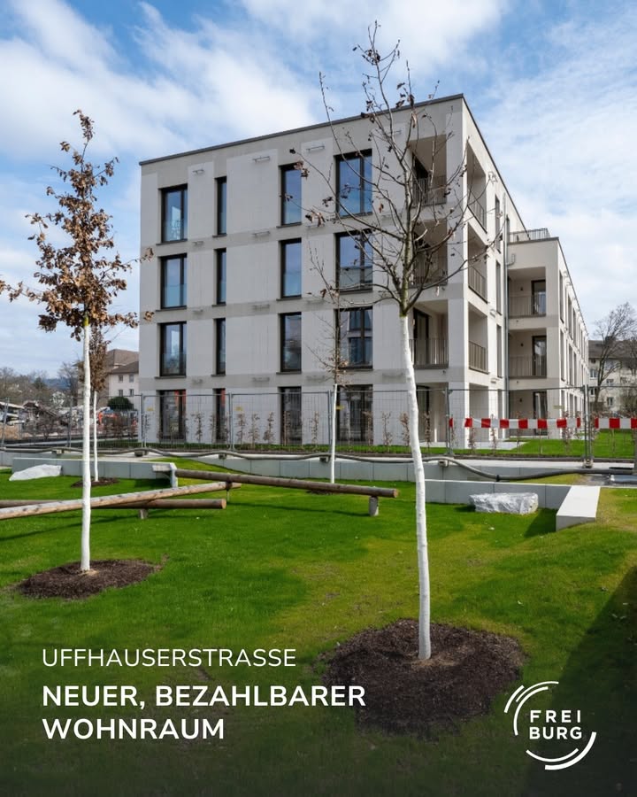 Bild zeigt ein modernes, helles Wohnhaus mit Garten und Spielplatz.  Es scheint sich um einen Neubau zu handeln.